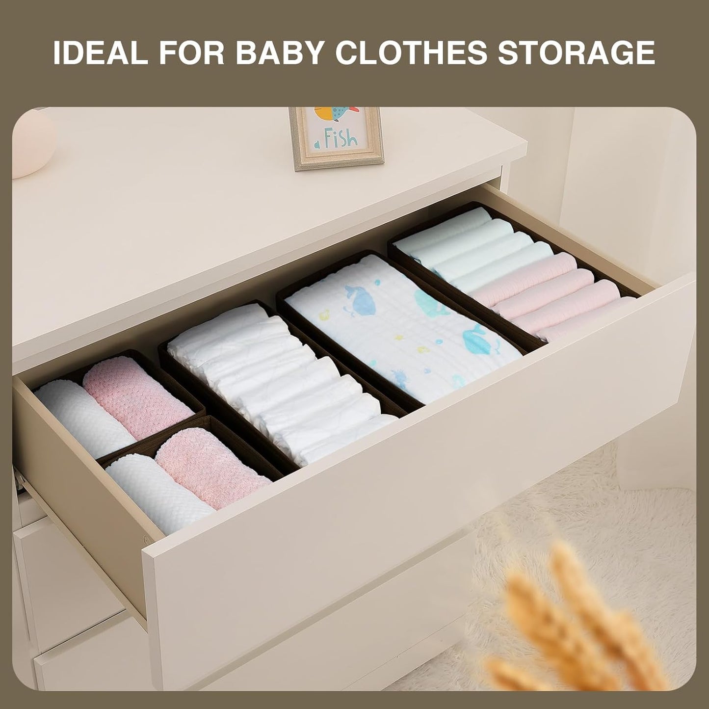 DIMJ Drawer Organizer Clothes, Underwear Drawer Organizer, Set of 4 Foldable Closet Drawer Bins, Fabric Drawer Dividers for Baby Clothes, Socks, Belt, Tie (Brown)