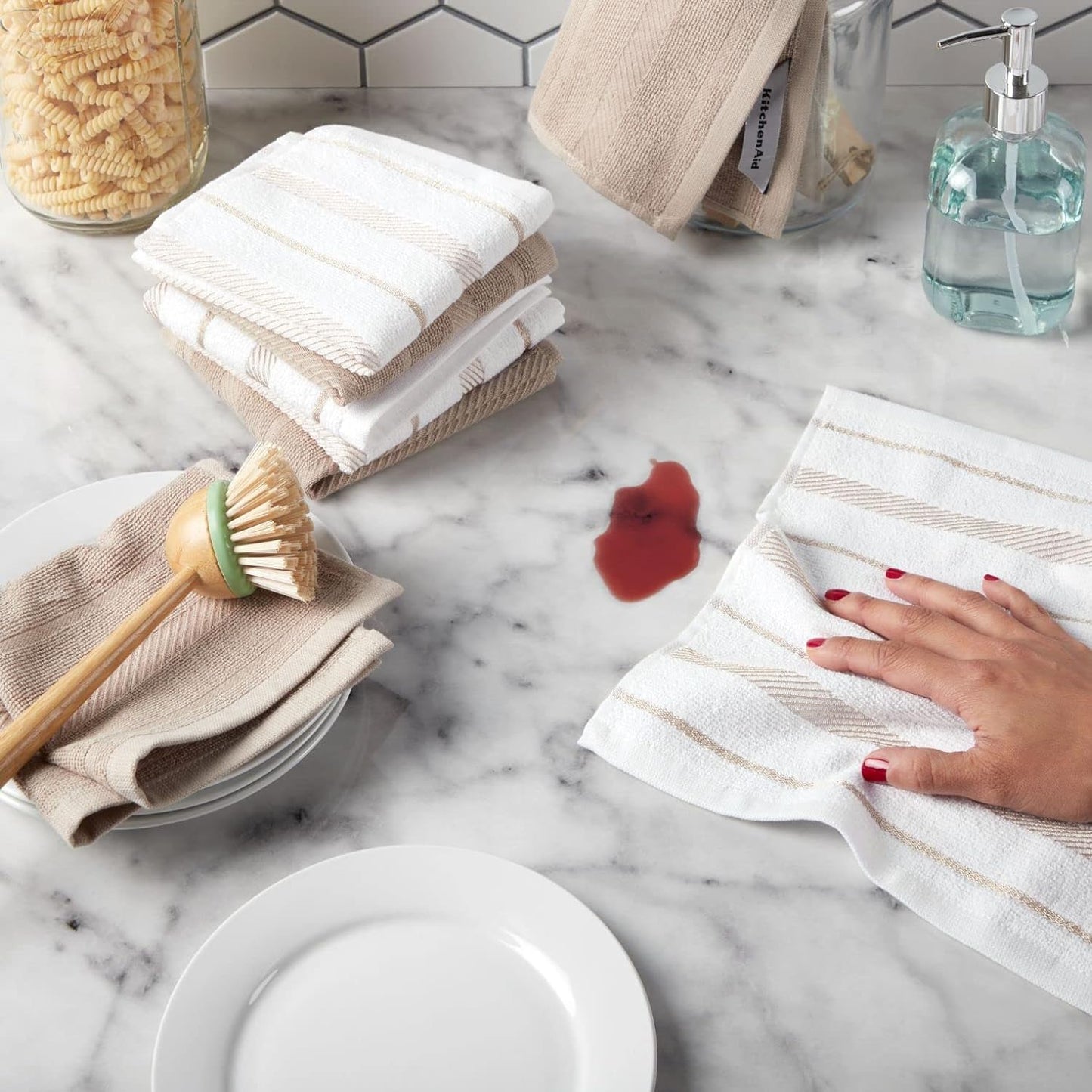 KitchenAid Albany Dishcloth 8 Pack Set, Milkshake/White, 12"x12"