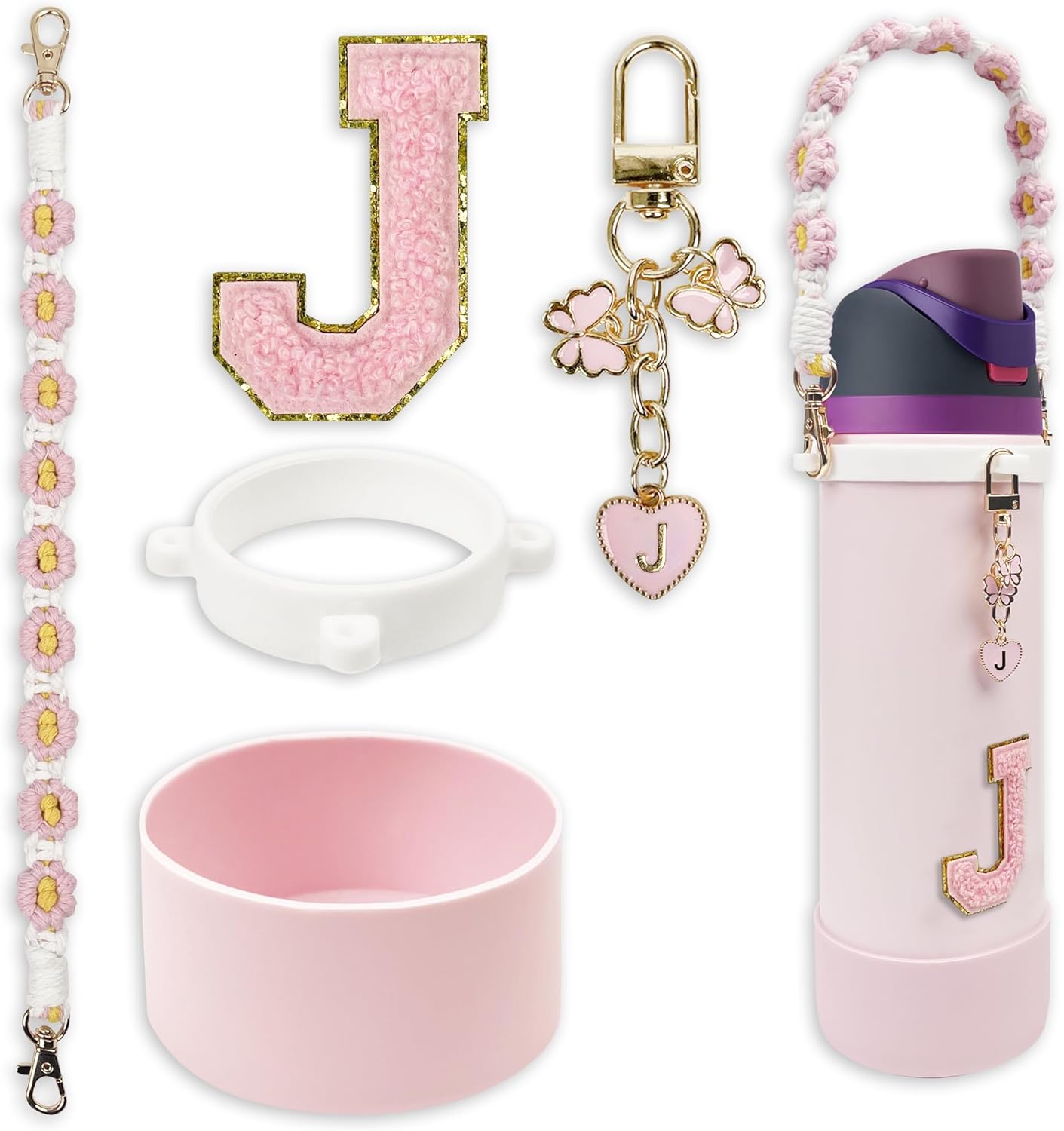 SITKOL Silicone Boot Cute Monogram Set Compatible with Owala Water Bottle 24 oz, 32 oz, 40 oz - Perfect Letter Owala Accessories for Owala Tumbler, Owala Free Sip, Pink Owala, Black Owala