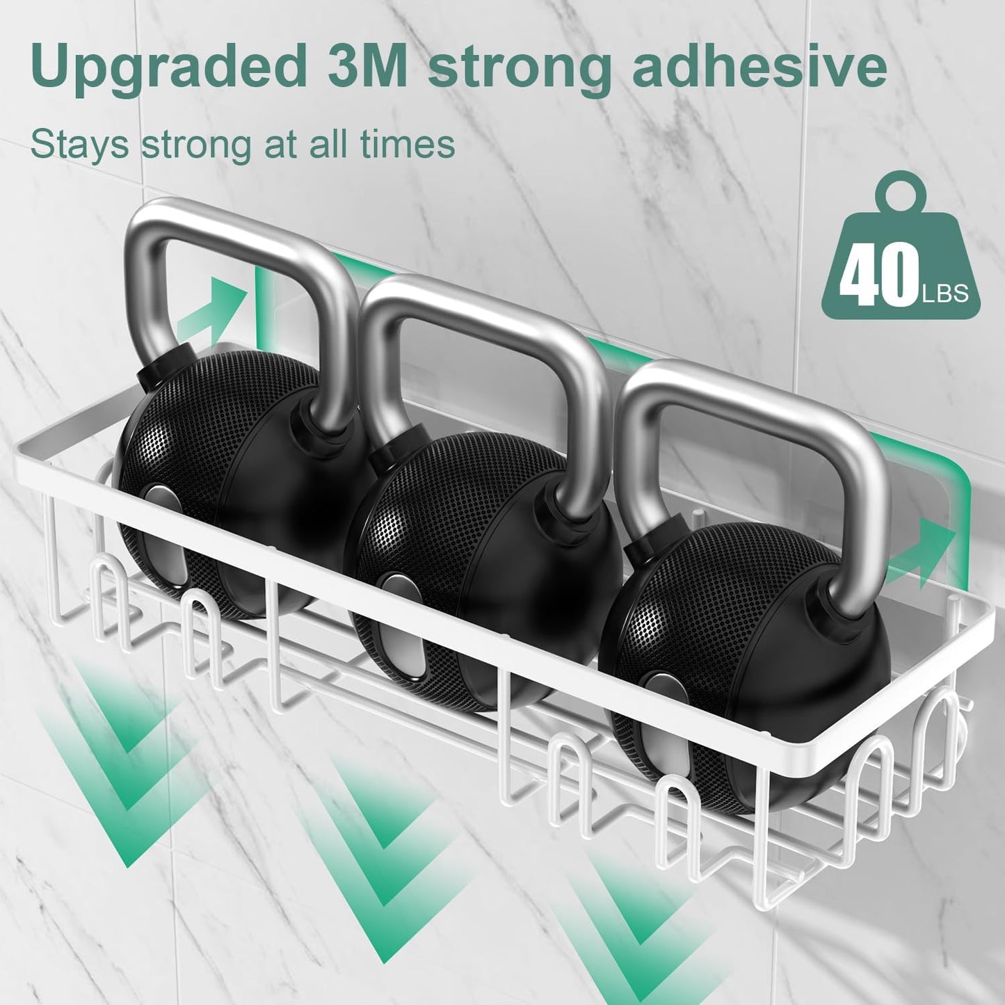 2025 New Adhesive Shower Caddy, Shower Shelves with 16 Hooks, White 2 Pack