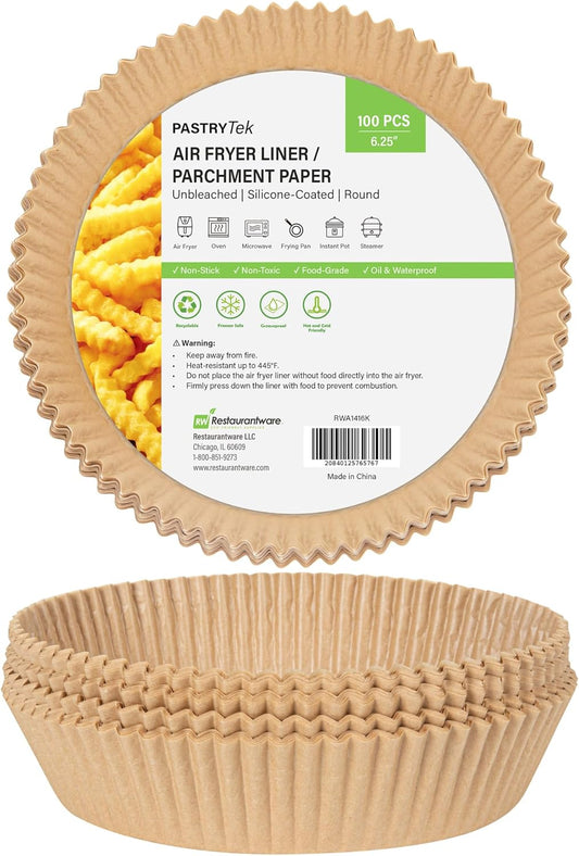 Restaurantware-Pastry Tek 6.3 x 6.3 x 1.8 Inch Air Fryer Liners, 100 Round Air Fryer Baskets - No-Stick Silicone Coating, Unbleached, Food-Grade Paper Liners, For Steamer, Microwave, Oven, Fry Pan