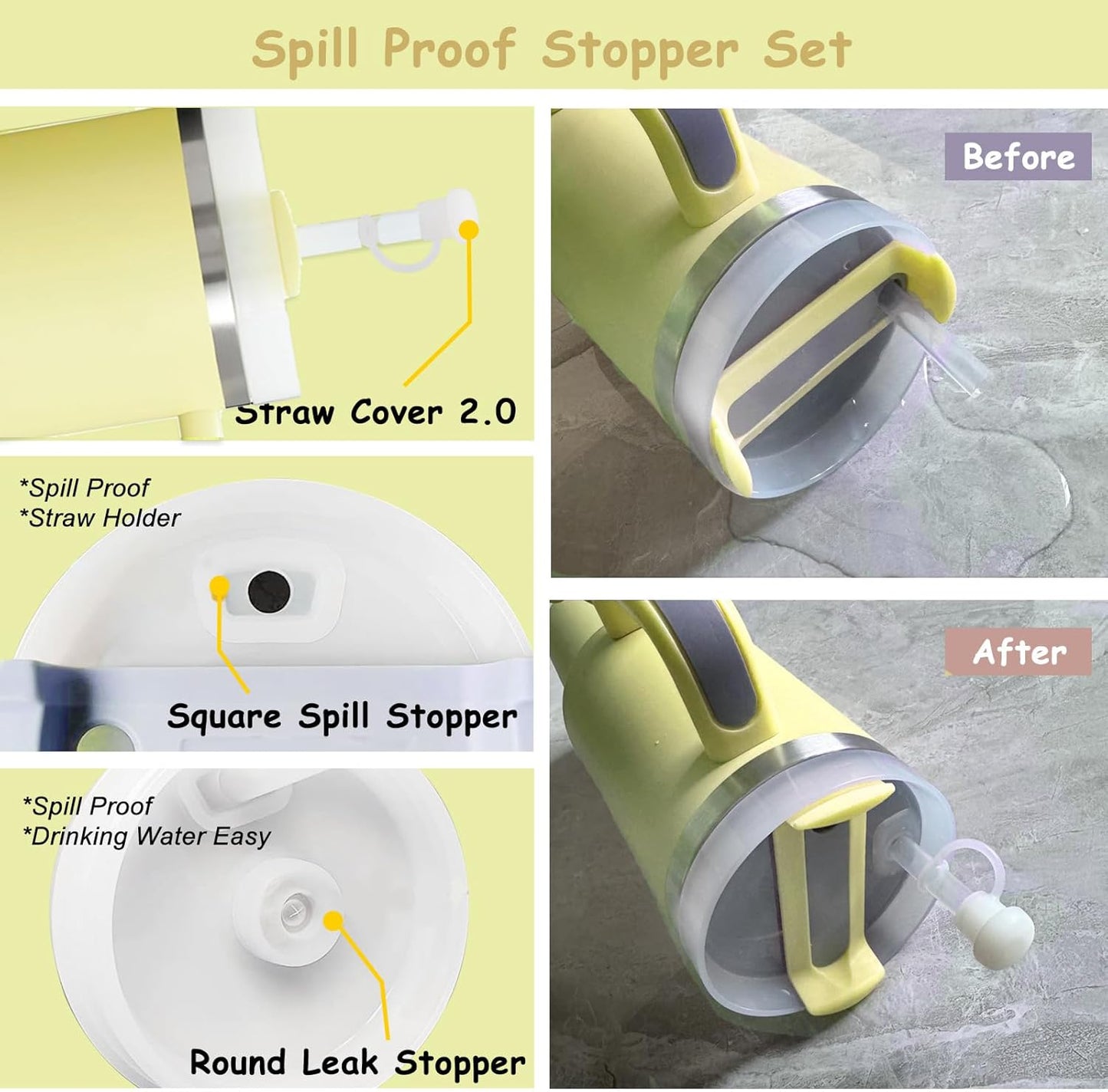 Stanley Cup Accessories Set,Including 2 Pcs 0.4in Straw Cover, 1 Silicone Spill-Proof Stopper, 1 Cute Handle Charm, 1 Silicone Boot Fits Stanley 40&30 Oz Tumbler (Lemon Yellow)