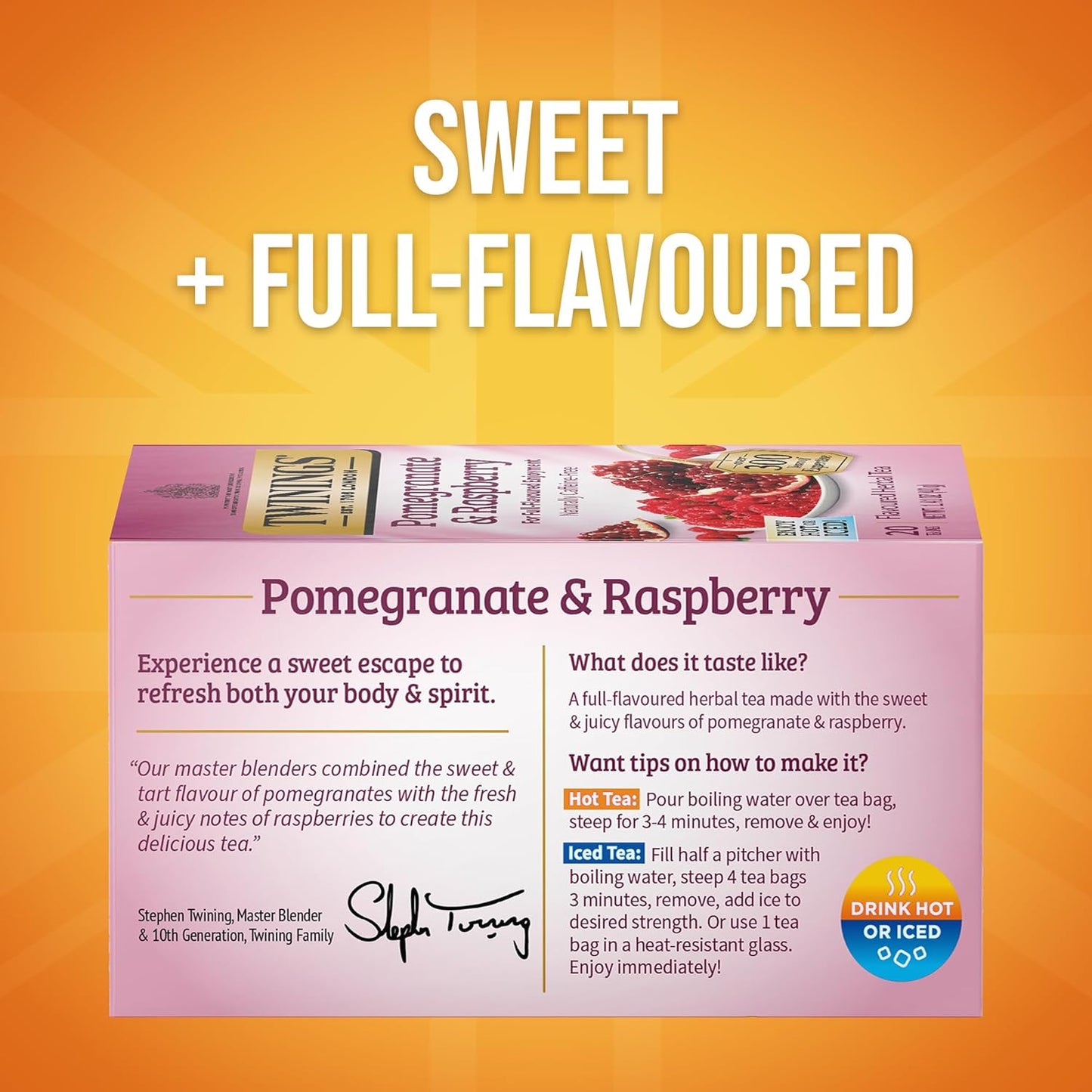 Twinings Pomegranate & Raspberry Herbal Tea Individually Wrapped Bags, 20 Count (Pack of 6), Naturally Caffeine-Free, Enjoy Hot or Iced, 120 Teabags