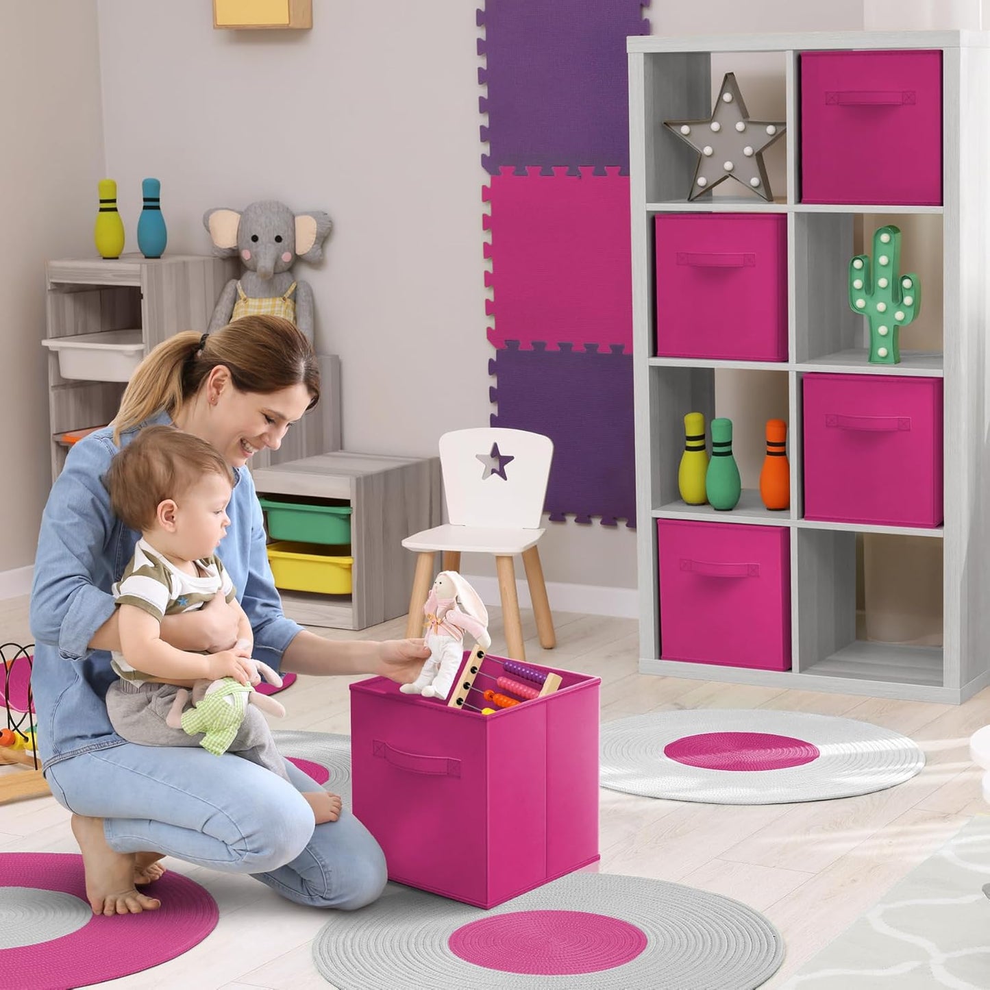 Sorbus Foldable Storage Cubes - 6 Pink Storage Bins for Organizing Pantry, Closet, Shelf, Nursery, Playroom, Toy Box, Cubby - 11 Inch Collapsible Fabric Baskets with Handle