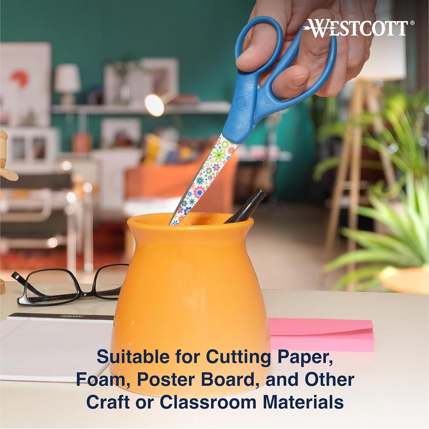 Westcott Fun and Fashionable Student Scissors for Ages 12+, Stainless Steel Floral-Printed Blades, Back-to-School, School Supplies, Classroom Supplies, 7-Inch