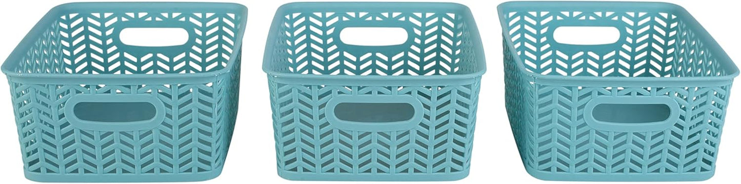 Simplify 3 Pack Small Herringbone Storage Basket, Dimensions: 10"x8"x4", Herringbone Design, Light Weight, Great for Bathroom, Kitchen, Office, Closet, 2 Open Handles, Dusty Blue