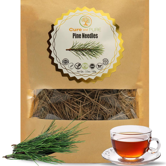 Cure Wid Pure Pine Needle Tea 3.5 Oz – 50 Cups Pine Tea – Wild Harvested from Pakistan in Eco-Friendly Resealable Pouch | Aromatic & Soothing Caffeine-Free Herbal Tea, Antioxidant & Immune Support