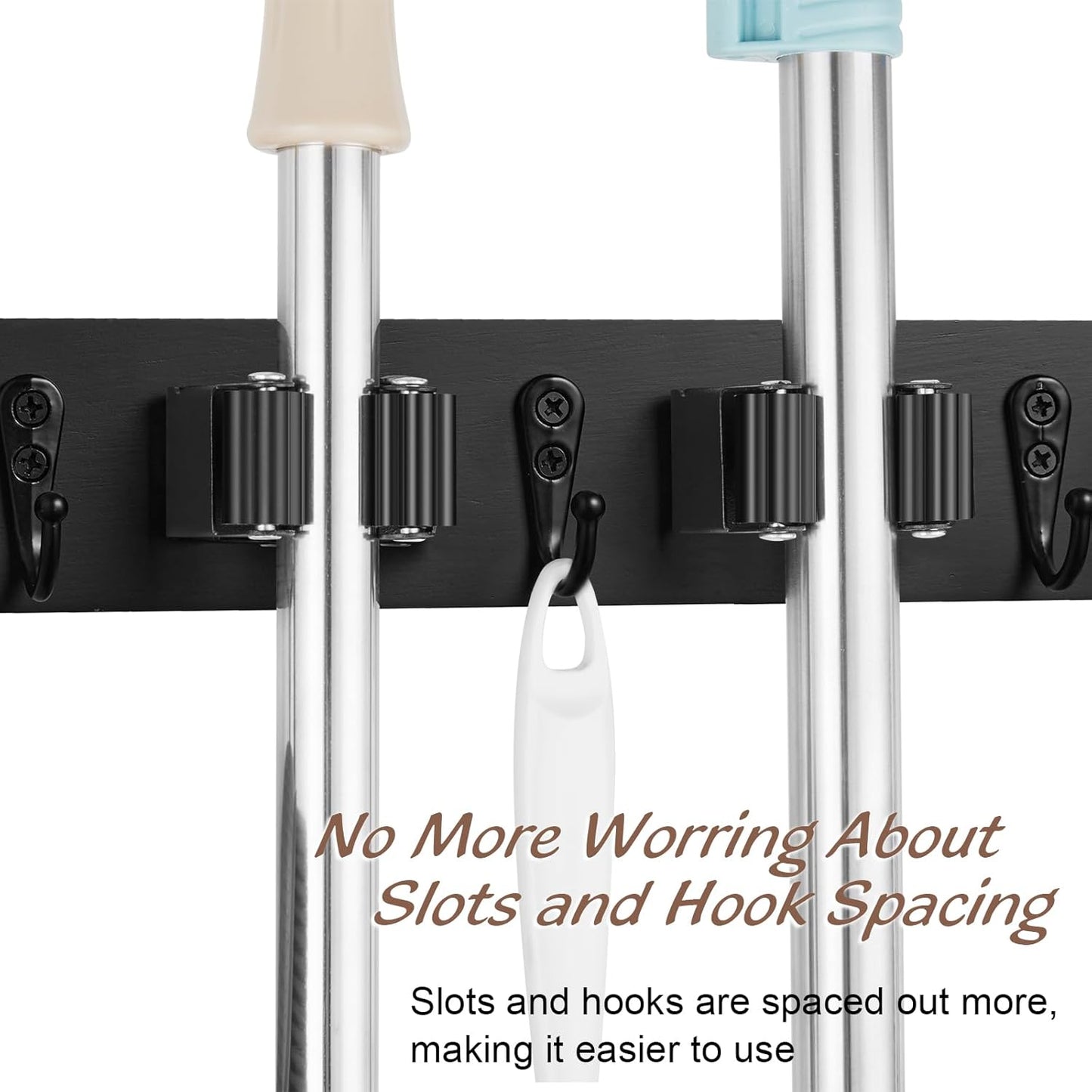 Black Mop Broom Holder Wall Mount with 4 Slots & 4 Hooks - Rustic Wood Broom Mop Hanger for Pantry Closet Laundry Room Organization - Heavy Duty Garden Tool Organizer - Black Kitchen Decor