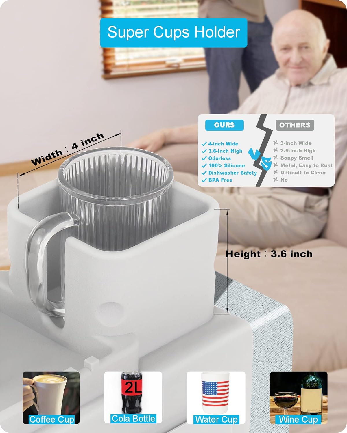 Couch Cup Holder Tray, VIENFUT Silicone Anti-Slip Sofa Armrest Tray with Side Pockets, BPA-Free Anti-Spill Couch Drink Holder for YETI, Remote, Snacks, Cellphone and iPad, Ideal Gift (Griege)