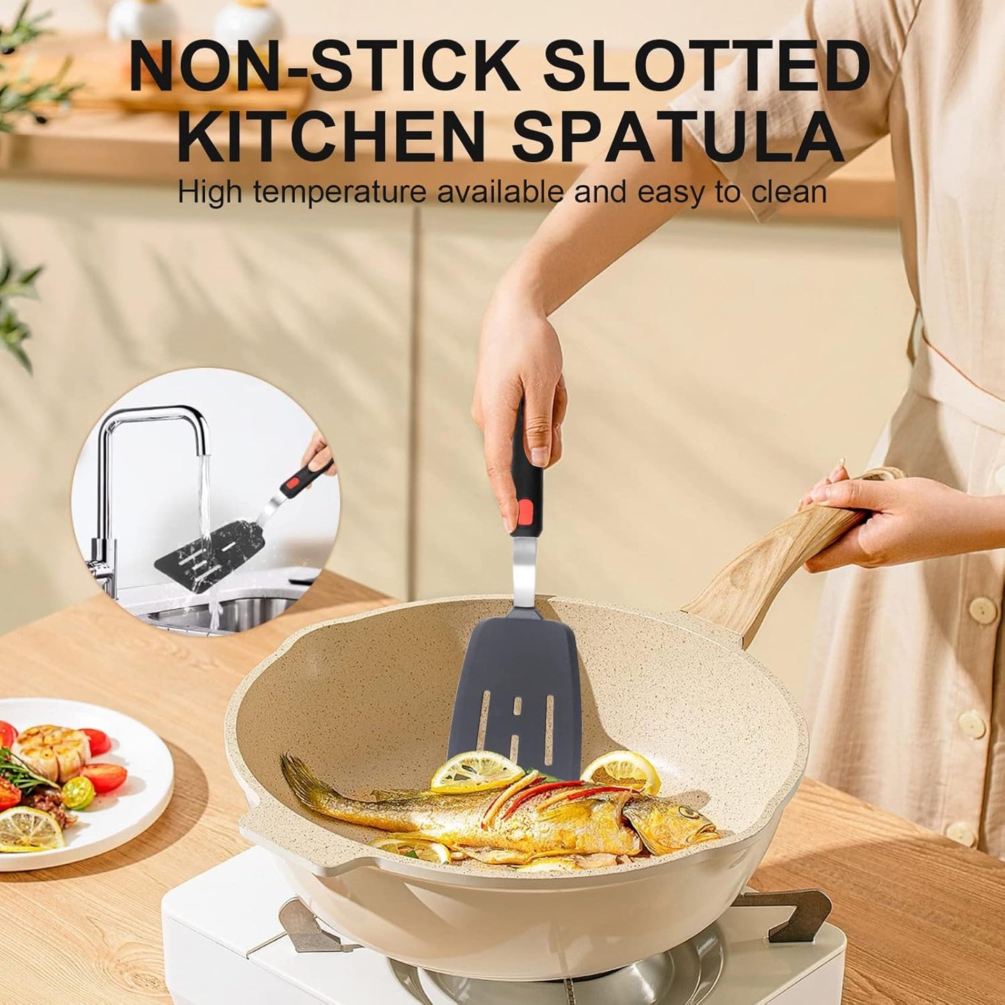 4PCS Flexible Silicone Spatula Turner Set and Kitchen Food Tongs with Silicone Tips, 600F Heat Resistant, Ideal for Flipping Eggs, Fish, Burgers, Pancake and Strong Grip on Salads, Pasta, Steaks, BBQ