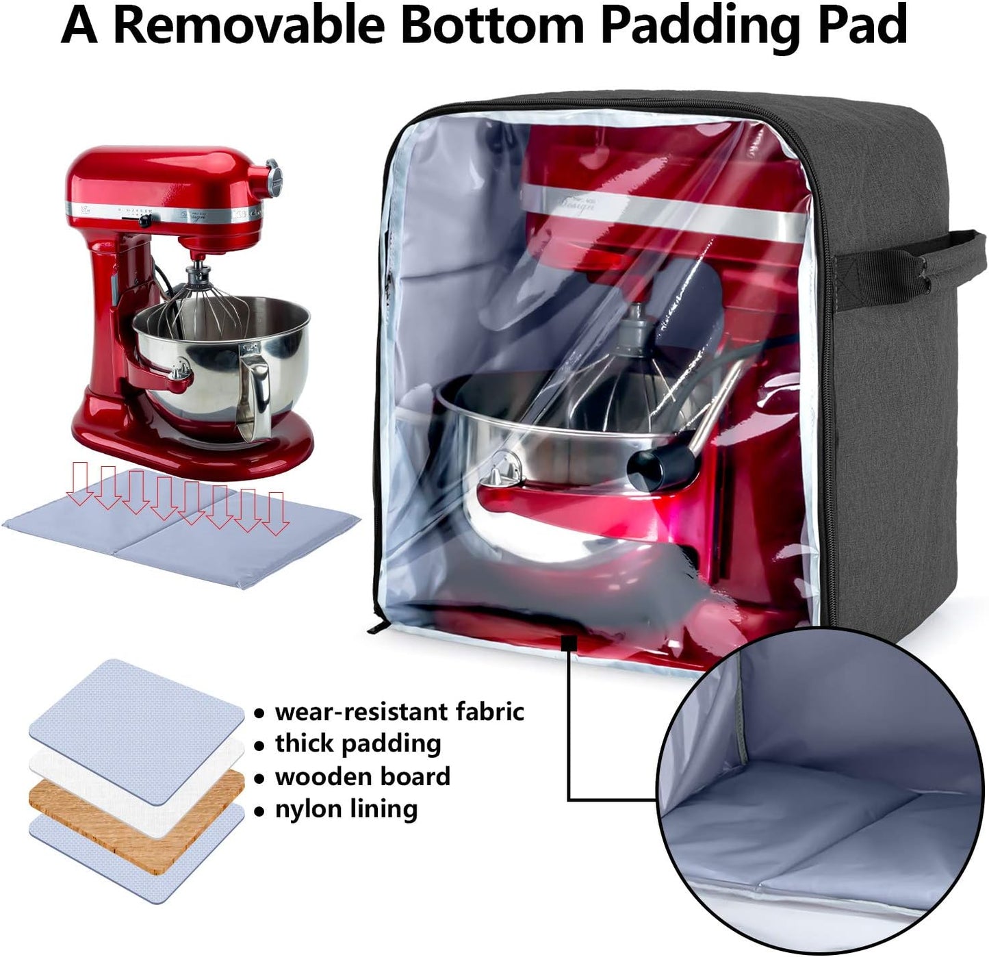 Luxja Dust Cover Compatible with 6-8 Quart KitchenAid Mixers (with a Bottom Padding Pad), Dust Cover (Clear Front Panel) for Stand Mixers and Extra Accessories, Black (Patented Design)