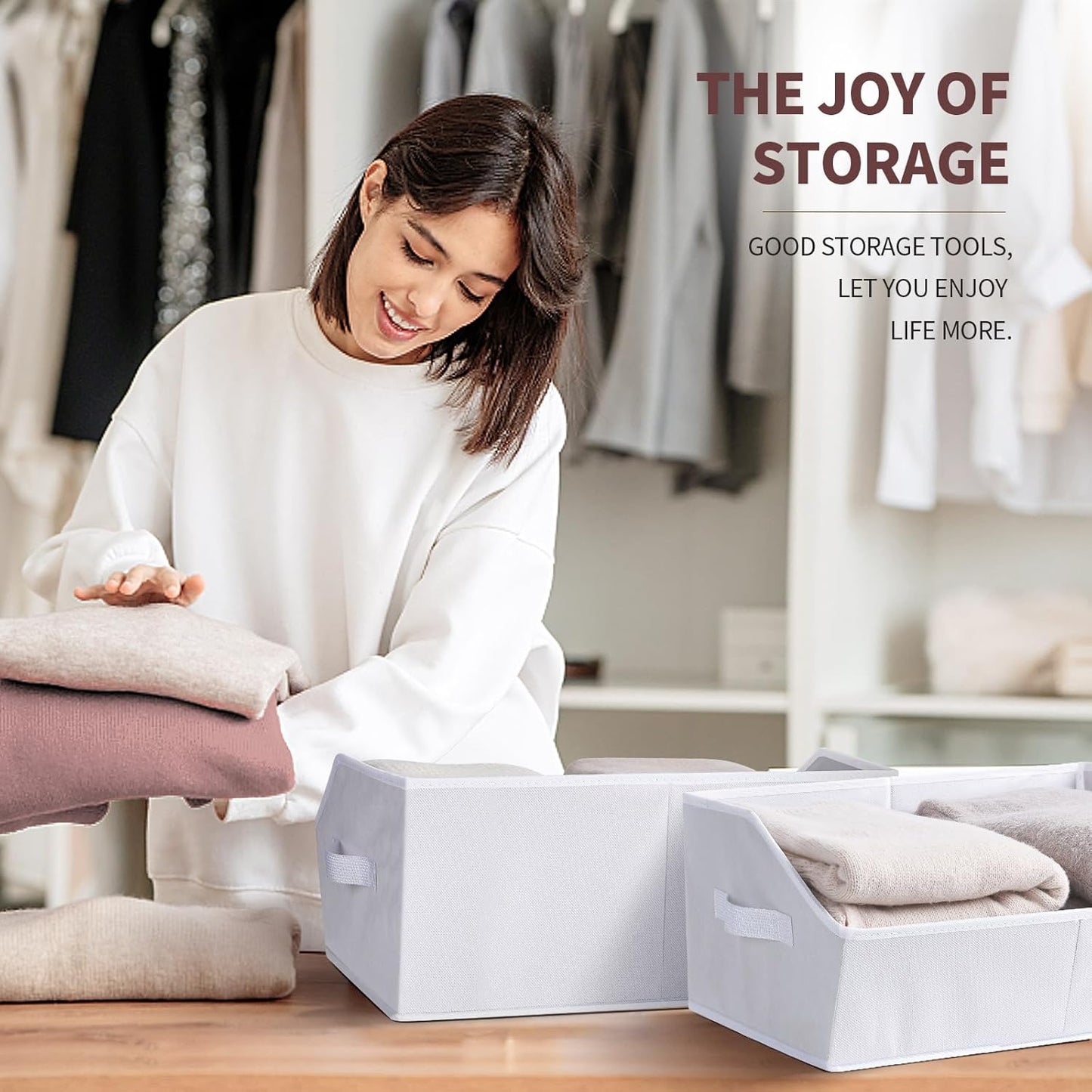 Fabric Bins for Organization - Trapezoid Storage Cubes, Large Baskets for Storage, 6 Pack Shelf Baskets, Closet Organizer Bins for Clothes, Books, Home, Office, White