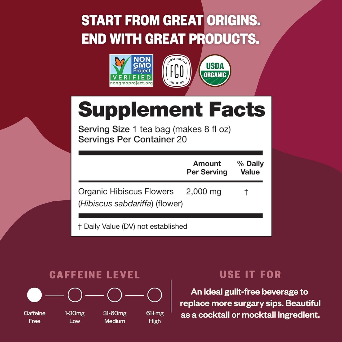 FGO Organic Hibiscus Tea, 100 Count, Eco-Conscious Tea Bags, Caffeine Free, Packaging May Vary (Pack of 1)