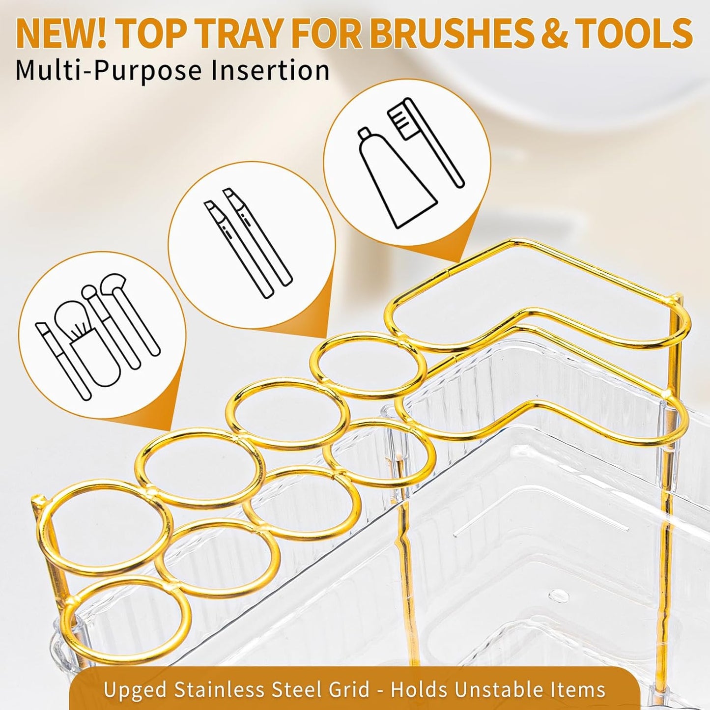 Upgraded 2-Tier Corner Bathroom Countertop Organizer – Spacious Storage for Makeup, Skincare & Perfumes, Built-in Brush Holder Fits Vanity/Dresser/Bsthtub (Classic White)