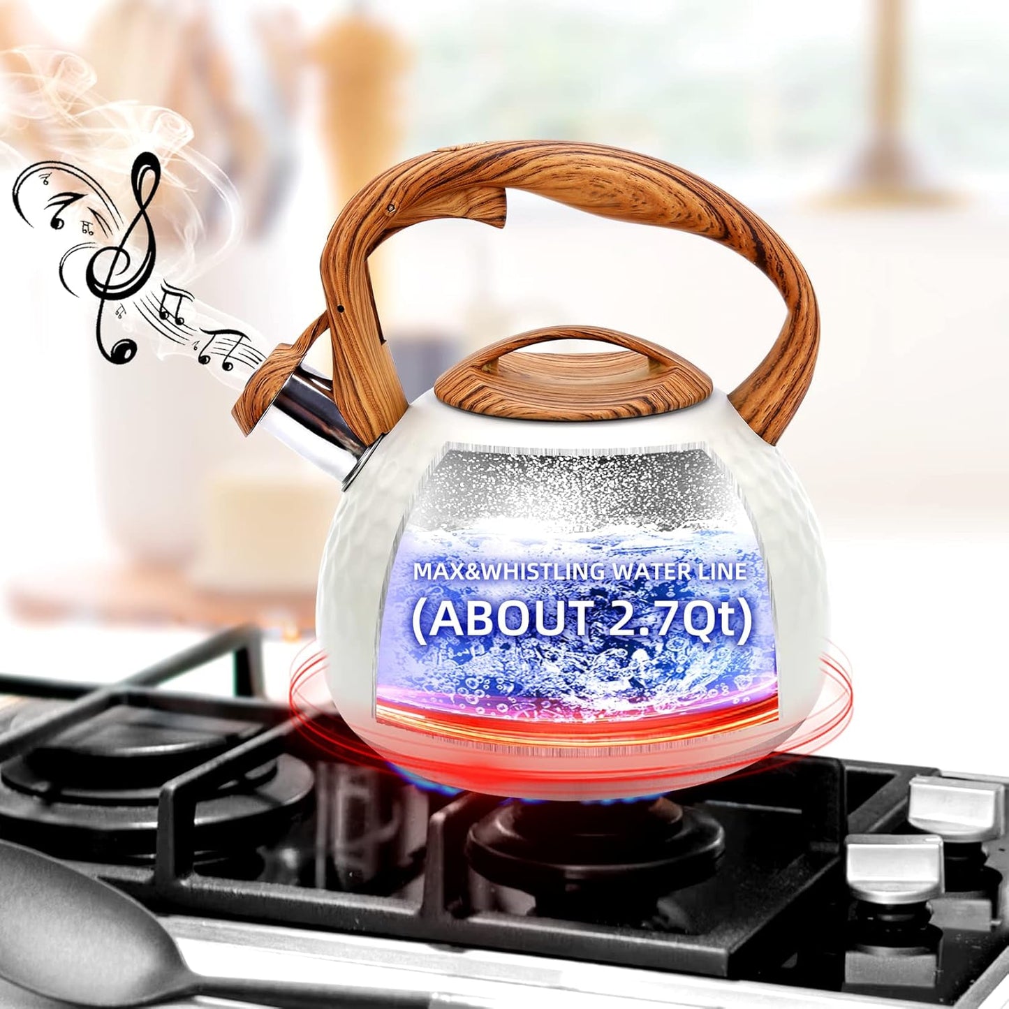 Tea pot, 3.2Qt Whistling Tea Kettle Stovetop, Convenient switch/heat-resistant handle, coffee, tea, milk teapots, Gas Electric Applicable (cream)