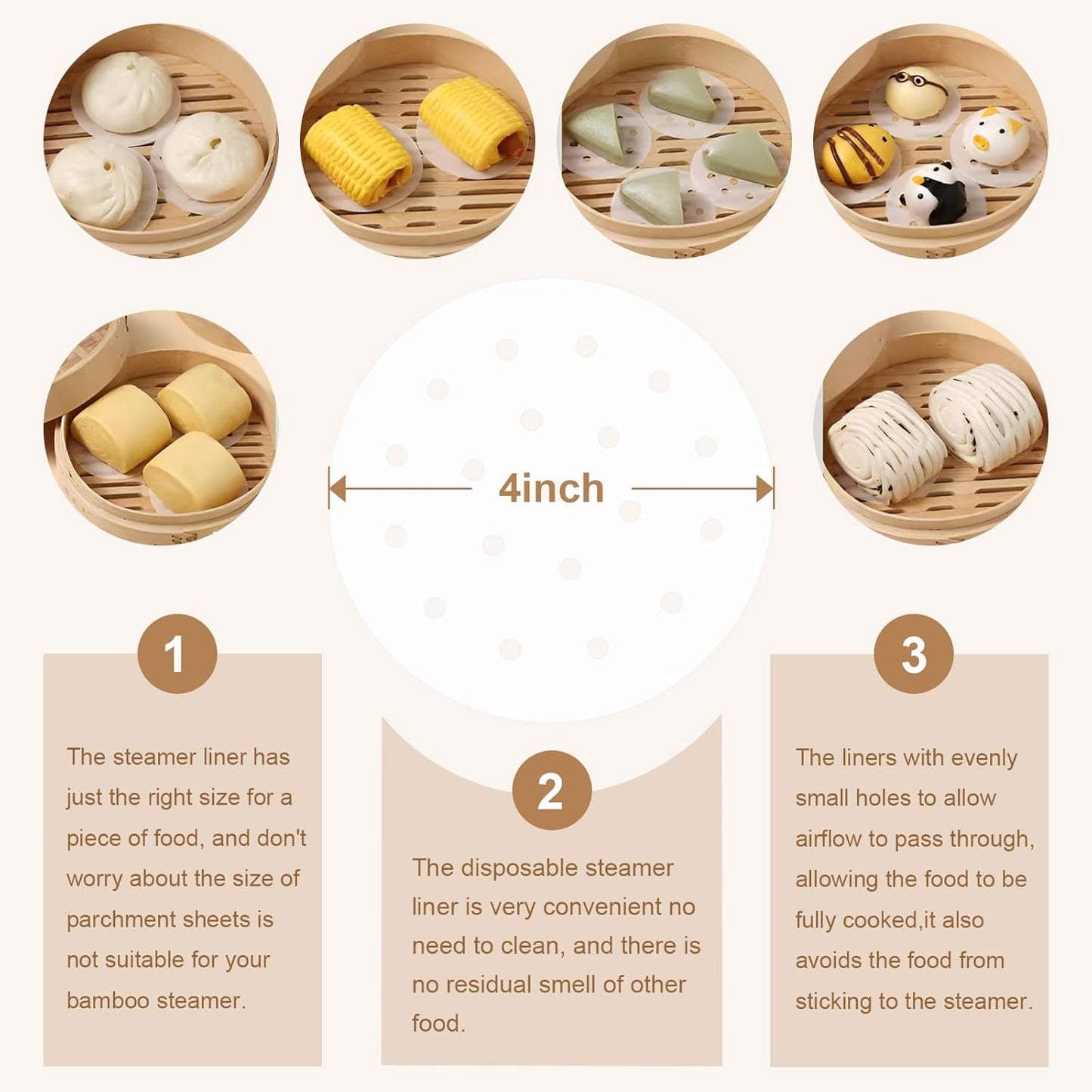 400pcs Air Fryer Liners, 4 inches Bamboo Steamer Liners, Premium Perforated Parchment Steaming Papers, Non-stick Steamer Mat Liner for Air Fryers Baking Cooking Oven