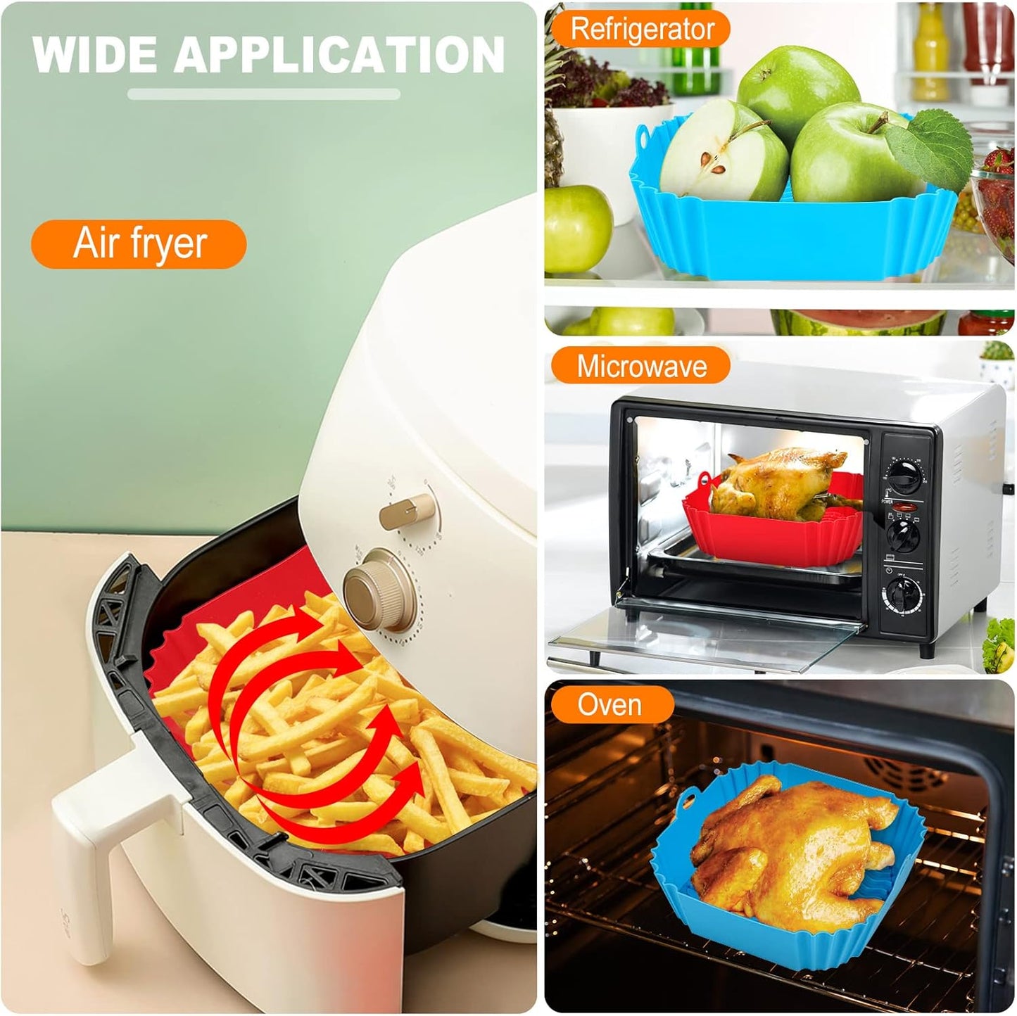 2 PCS Square Silicone Air Fryer Liners - 8 Inch Reusable Air Fryer Pot - Air Fryer Accessories - Air Fryer Inserts for 4 to 7 QT Oven Microwave Accessories (Red + Blue)