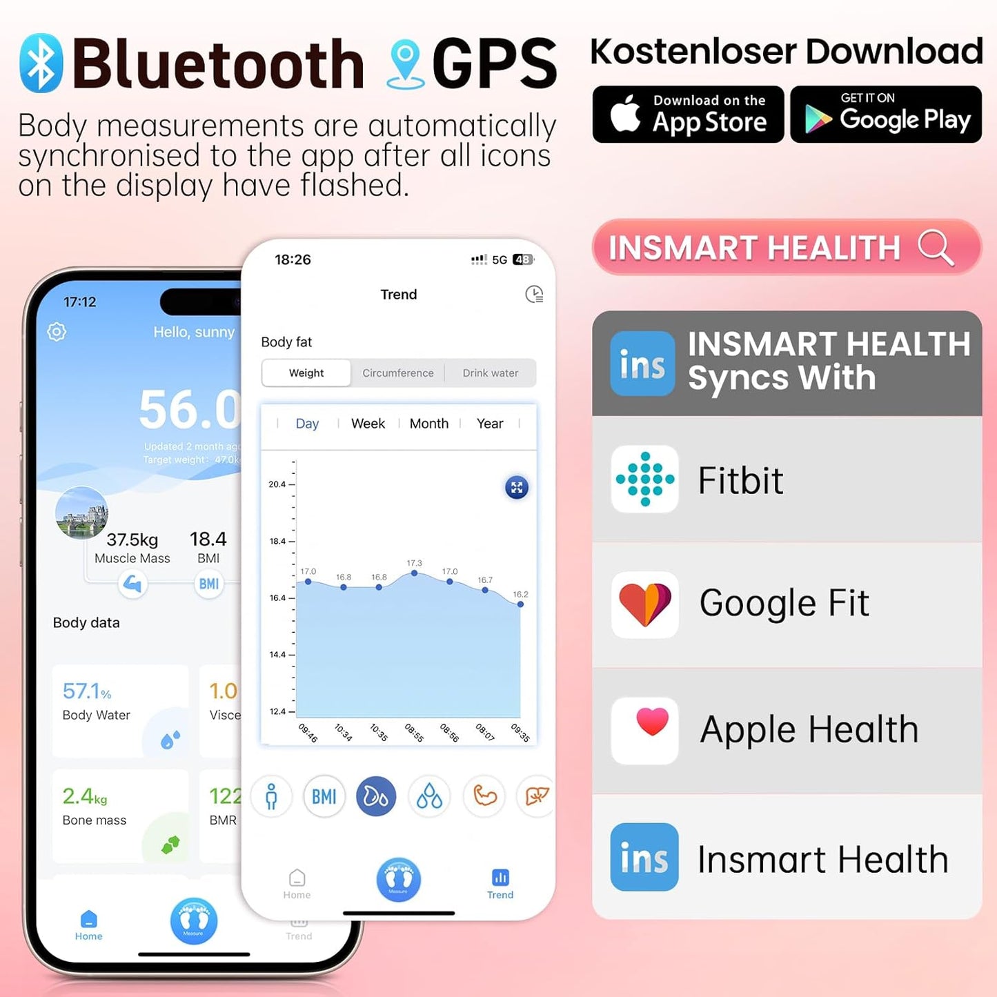 INSMART Smart Scale for Body Weight, Digital Bathroom Scale with BMI, Muscle Mass, Bluetooth Body Fat Scale,17 Body Composition Analyzer with Smart APP Sync Weight Scale, 400 lbs - Pink