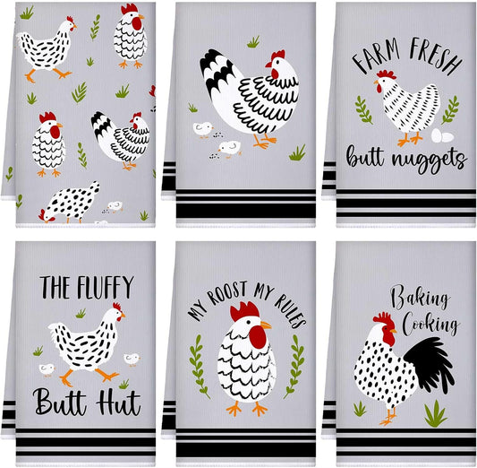 Boyiee Set of 6 Farm Chickens Kitchen Towels Farmhouse Absorbent Dish Tea Towels Rustic Country Rooster 24 x 16 Inches Gifts Chickens Hand Washcloth Gifts for Kitchen Bathroom Decorations