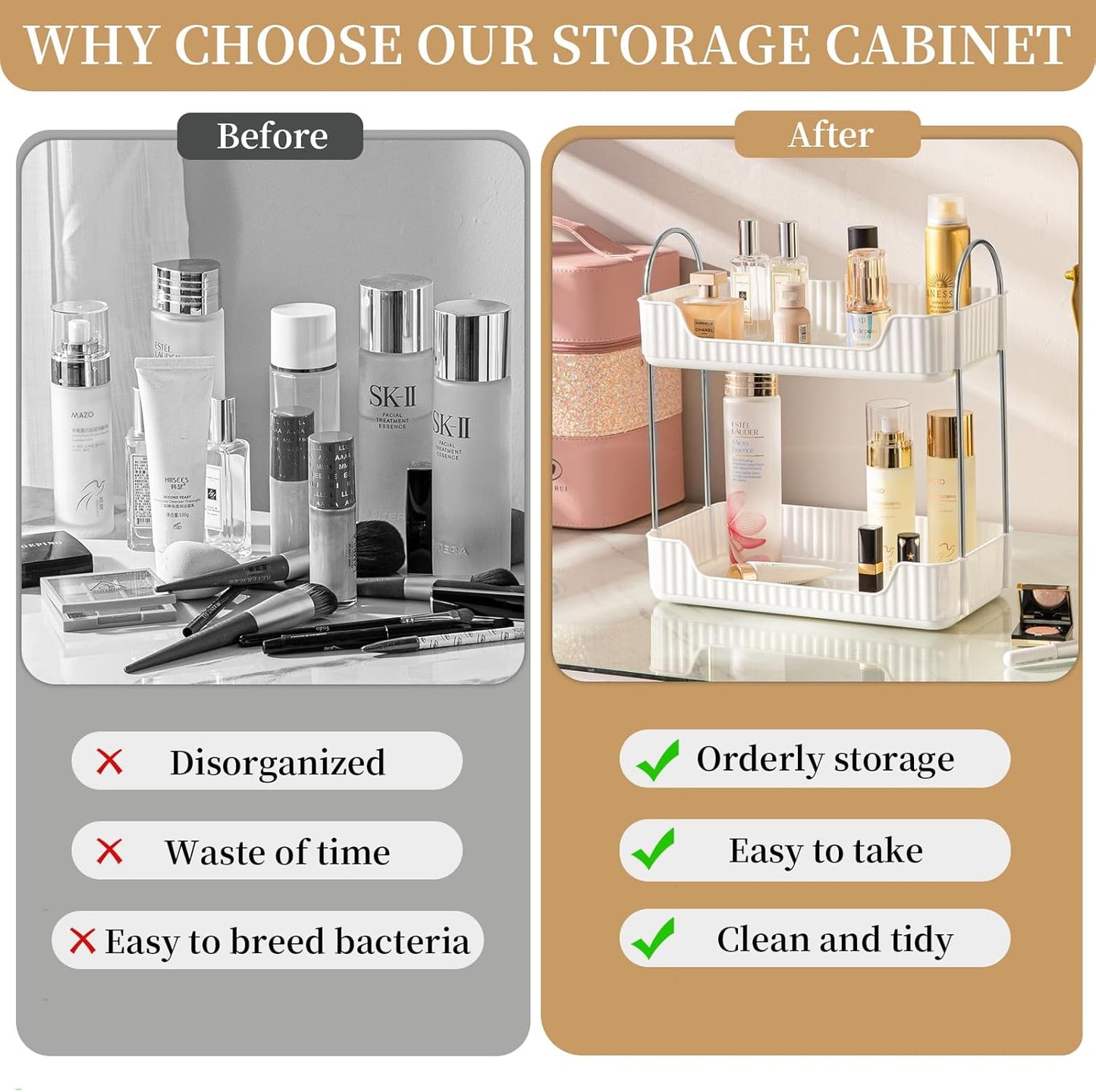 Bathroom Counter Organizer Countertop Storage, Cosmetics Skincare Shelf Organizer, Makeup Organizer Perfume for Dresser Vanity Tray, Spice Rack Organizer for Kitchen(2 Tier-Cream white)