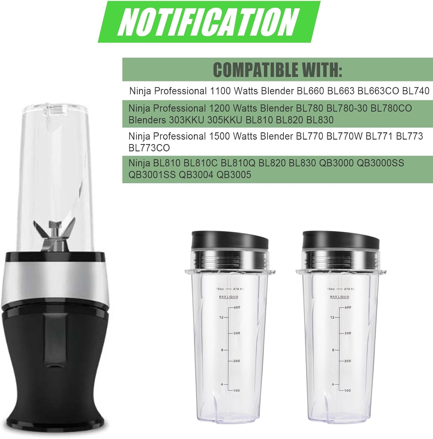 Upgrade 2 Pack 16oz QB3001SS Replacement Cups Compatible with Ninja Fit Compact Personal Blender, Replacement for Ninja Blender Cups with Scale and Sealing Cap…