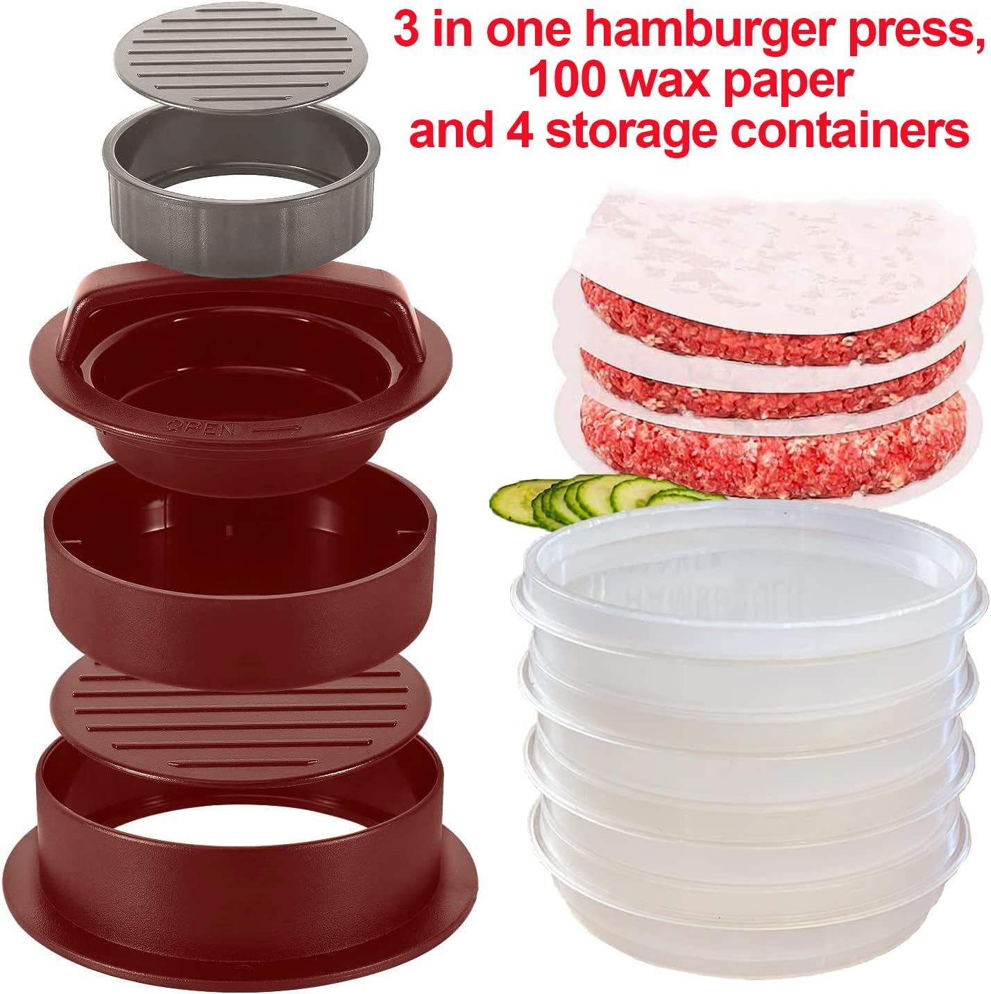 Hamburger Press Patty Maker Freezer Containers - 100 Patty Papers All In One Convenient Package, 10 Piece Set Hamburger Patty Mold, Essential Tool to Make Stuffed Burger Patty Maker, Great BBQ Gift