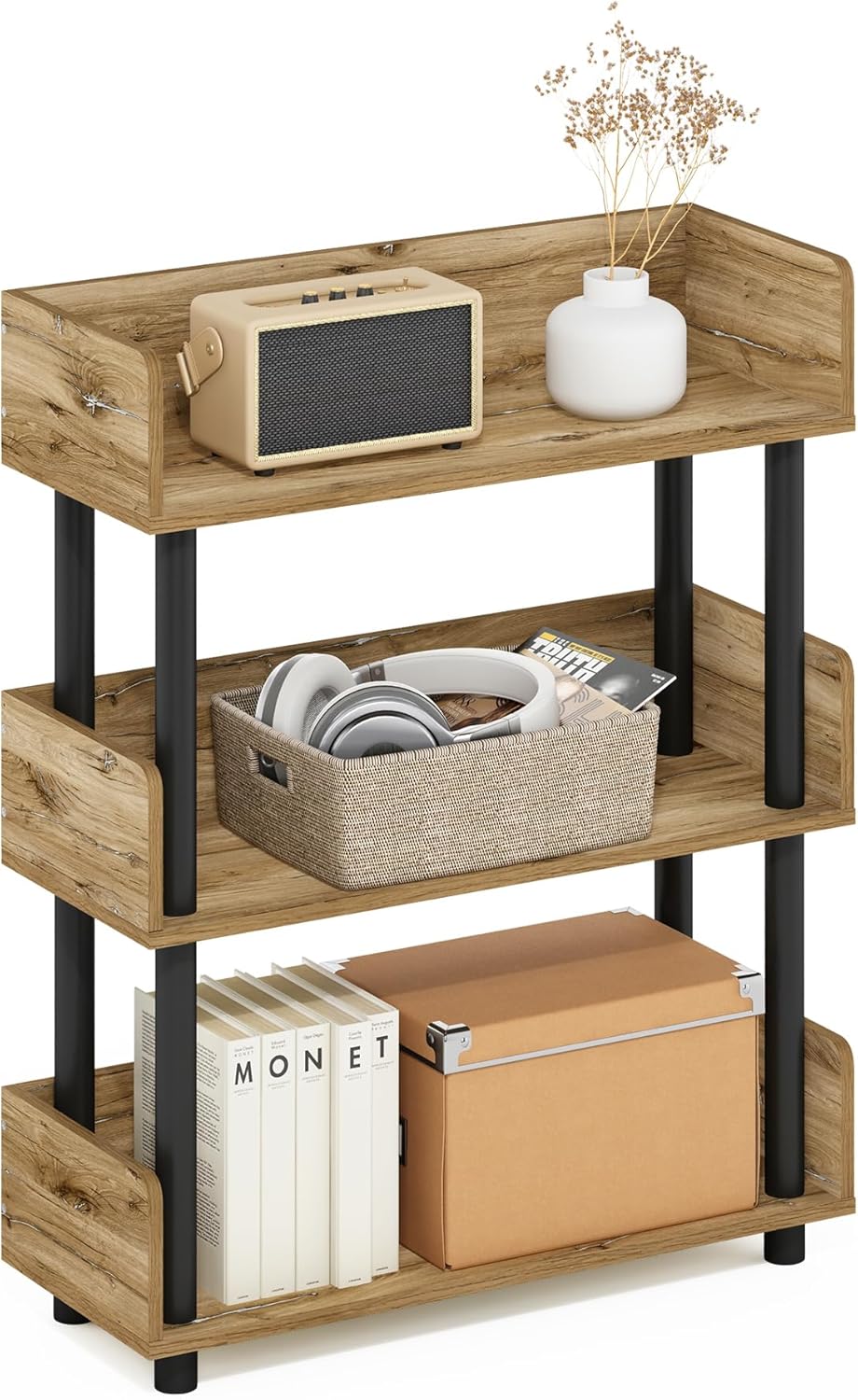 Furinno TURN-N-TUBE 3-Tier Display Shelf, Storage Shelves, Book Shelf, Open Shelves with Rounded Corner Top Edges, for Organization and Storage, Living Room, Home Office, Flagstaff Oak