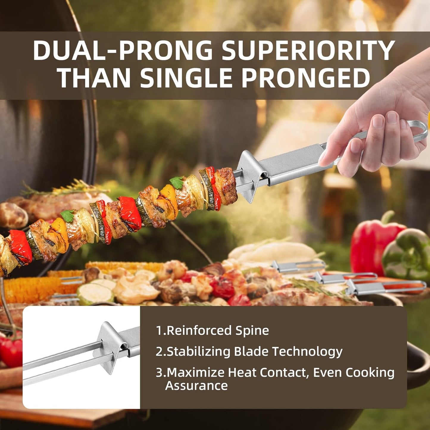 13inch 12(packs) Double Fork Flat Stainless Steel BBQ Skewers with Push Bar, Reusable Skewers for Grilling Kabob Skewer for Meat, Vegetable, BBQ Accessories