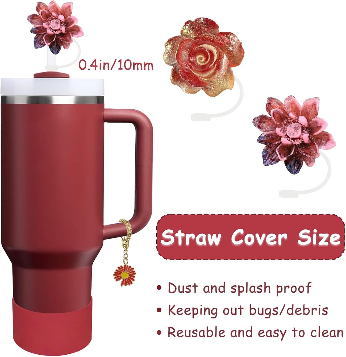 Stanley Cup Accessories Set,Including 2 Pcs 0.4in Straw Cover, 1 Silicone Spill-Proof Stopper Set of 3, 1 Cute Flower Handle Charm, 1 Silicone Boot Fits Stanley 40&30 Oz Tumbler (Cranberry)