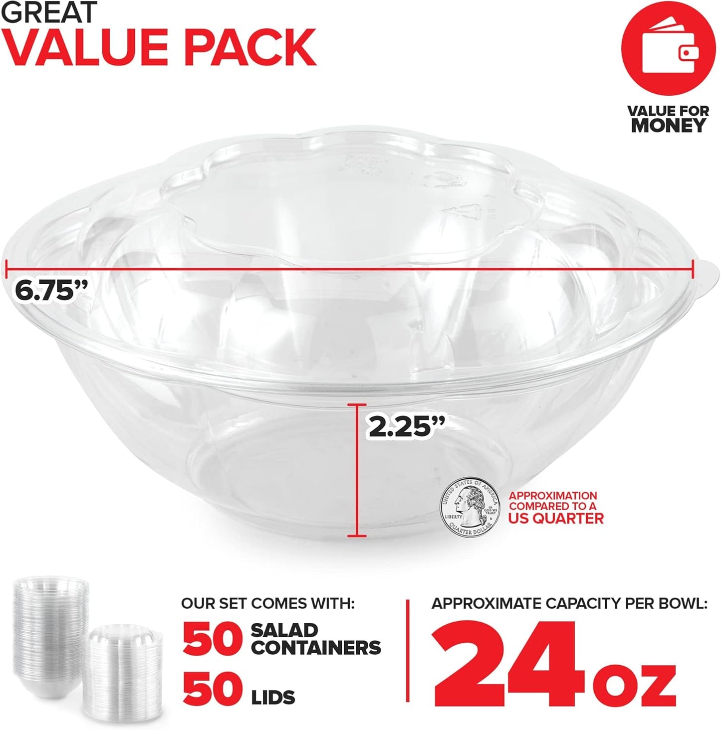 Stock Your Home 24oz Clear Plastic Salad Bowls with Lids Disposable (50 Pack) Small Takeout Container with Snap on Lid for Fruit Salads, Quinoa, Lunch and Meal Prep, Acai Bowl, To-Go Party Containers