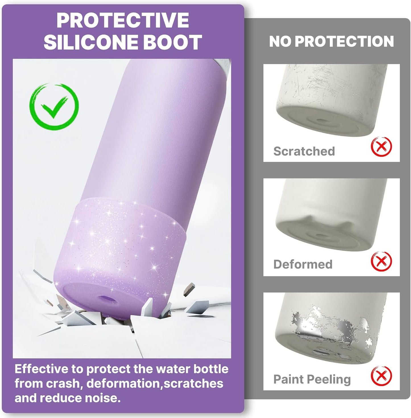 Silicone Water Bottle Boot for Owala 40 oz, Anti-Slip Protective Sleeve for Owala Twist & FreeSip & Flip Stainless Steel Water Bottle, Boot Bottom Base for Owala (Glitter Purple)
