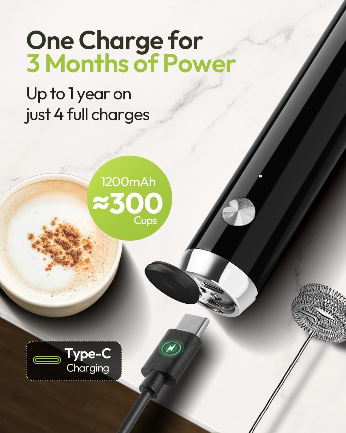 Maestri House Rechargeable Milk Frother with Stand, LunaFro Handheld Electric Foam Maker Waterproof Detachable Stainless Steel Whisk Drink Mixer Foamer for Lattes, Cappuccino