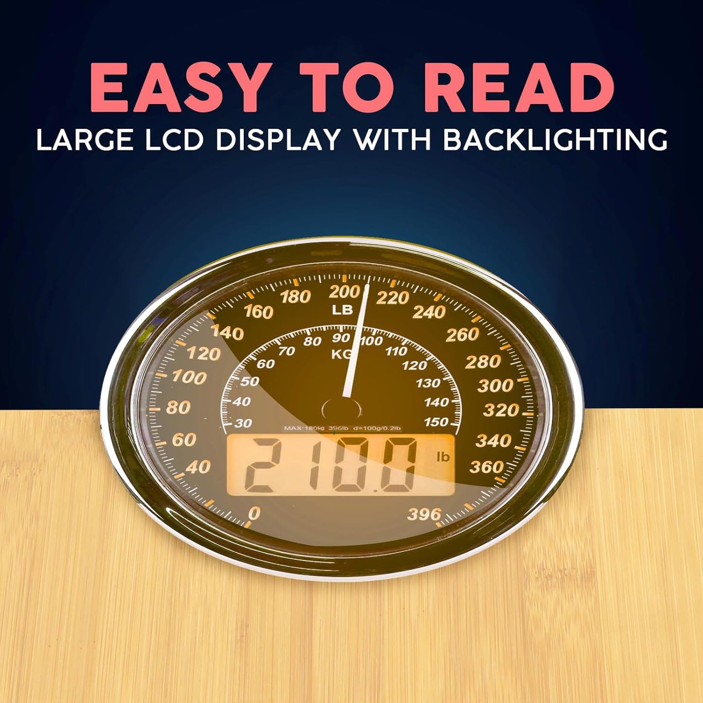 Adamson Hybrid 2-in-1 Analog & Digital Weighing Scale for Body Weight up to 400lbs - Thick Tempered Glass - Extra Large Display - Easy to Read Digital Bathroom Scale - New - Wood