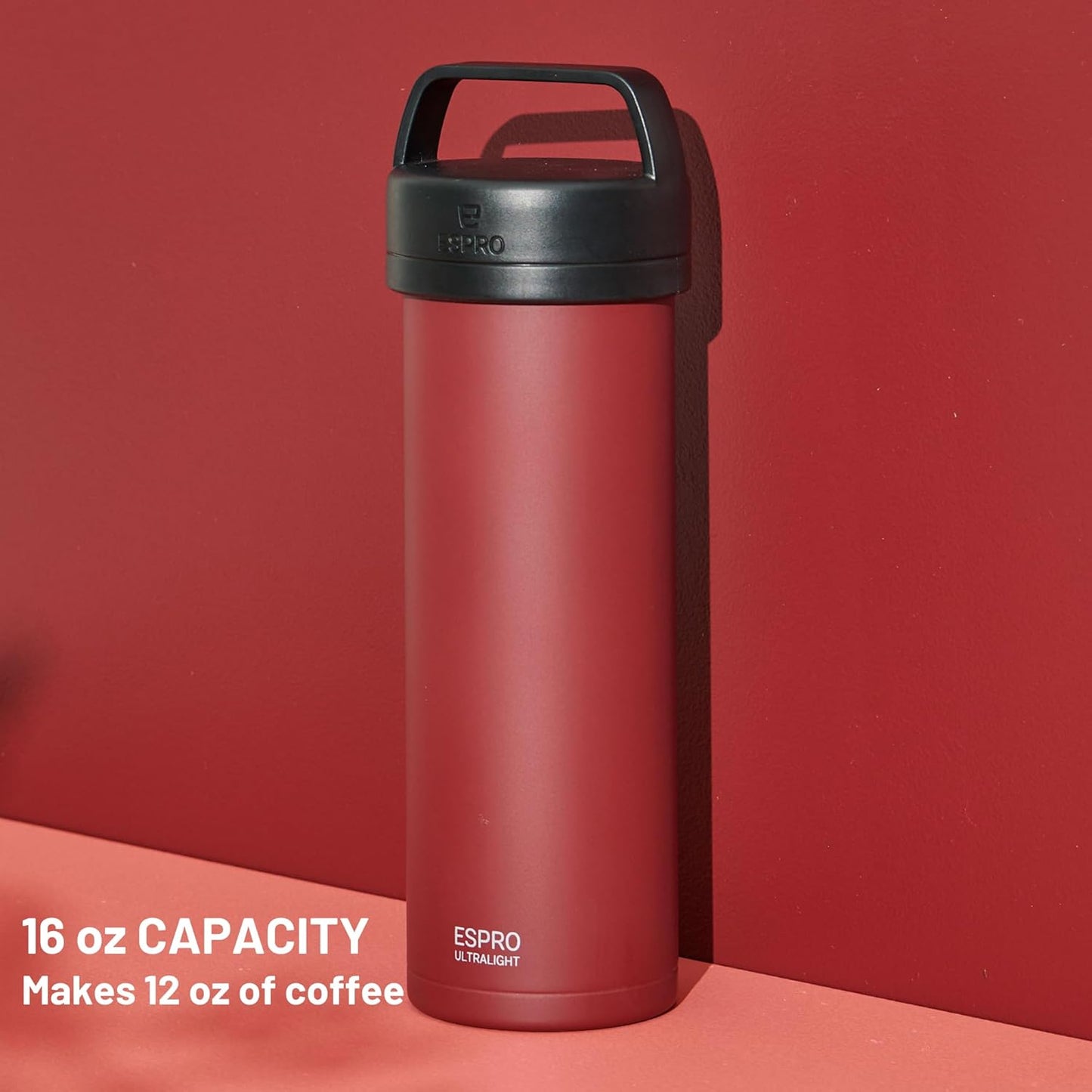 ESPRO P0 Ultralight French Press Coffee Maker for Travel, Vacuum Insulated Stainless Steel, 16 Ounces, Cranberry