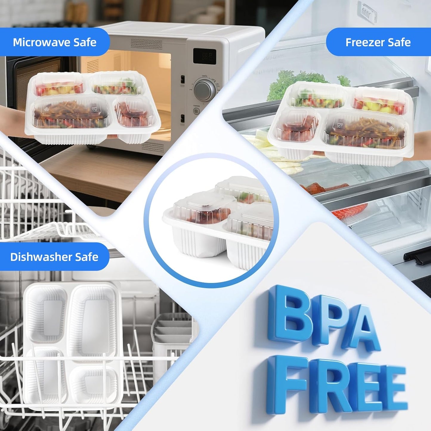 YANGRUI Food Containers with Lid 40 Pack 34 oz - Reusable Shrink Wrap 4 Compartment Leakproof Takeout | BPA Free Flexible PP Plastic Container | Dishwasher & Microwave Safe Hotel Grade White To Go Box