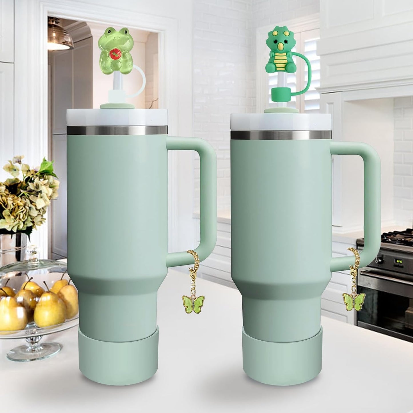 Stanley Cup Accessories Set,Including 2 Pcs 0.4in Straw Cover, 1 Silicone Spill-Proof Stopper, 1 Cute Handle Charm, 1 Silicone Boot Fits Stanley 40&30 Oz Tumbler (Eucalyptus Green)