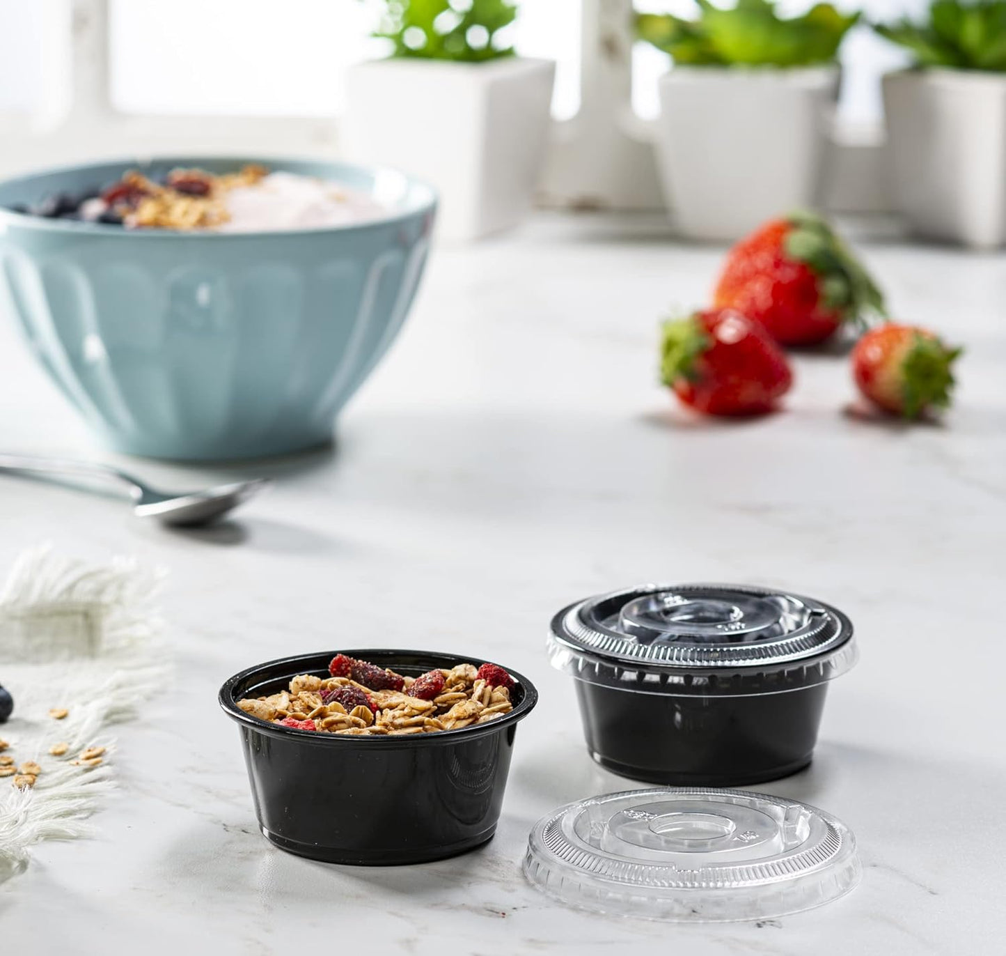 {3.25 oz - 100 Sets} Black Diposable Plastic Portion Cups With Lids, Small Mini Containers For Portion Controll, Jello Shots, Meal Prep, Sauce Cups, Slime, Condiments, Medicine, Dressings, Crafts,