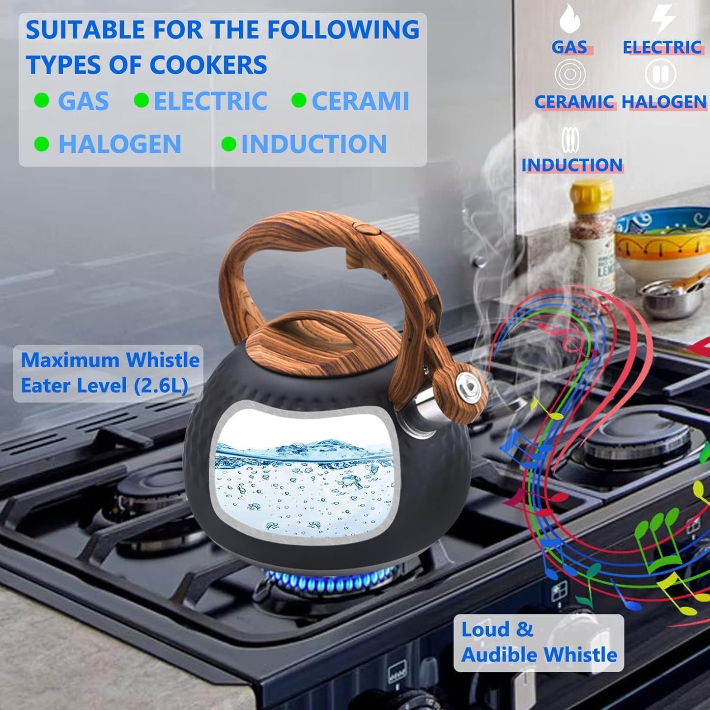 Tea Kettle Stovetop, 3.2 Qt Stainless Steel Whistling Kettle for Stove Top, Food Grade Teapot with Wood Pattern Handle for Coffee, Milk etc, Gas Electric Applicable (Black)