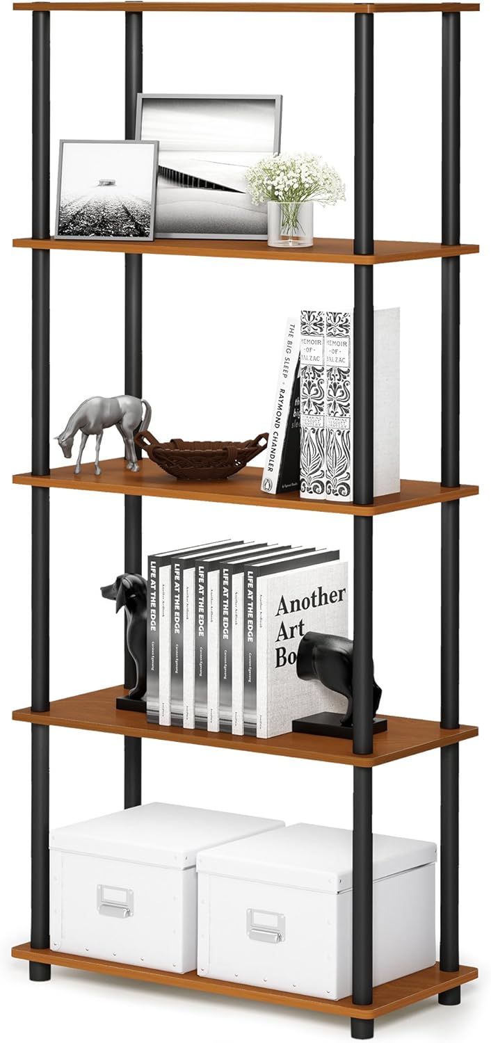 Furinno TURN-N-TUBE Storage Shelves, 5-Tier Book Shelf, Corner Shelf, Toolless Open Shelves, for Organization and Storage, Living Room, Garage, Home Office, Light Cherry