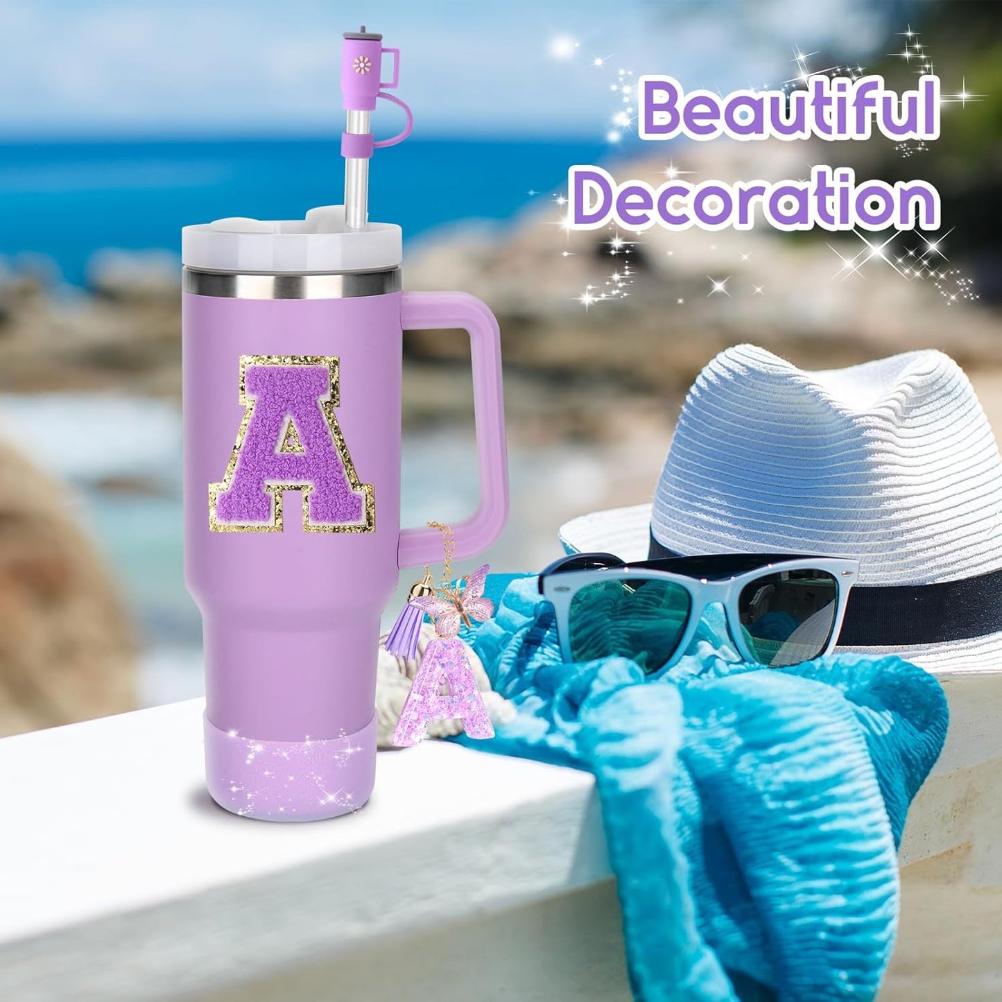 Mity rain 6PCS Cup Accessories Set for Stanley Cup 30oz 40oz tumbler with handle, Including Silicone Straw Topper Cover Cap and Boot, Spill Proof Stopper, Handle Charm, Initials Sticker (Letter A)