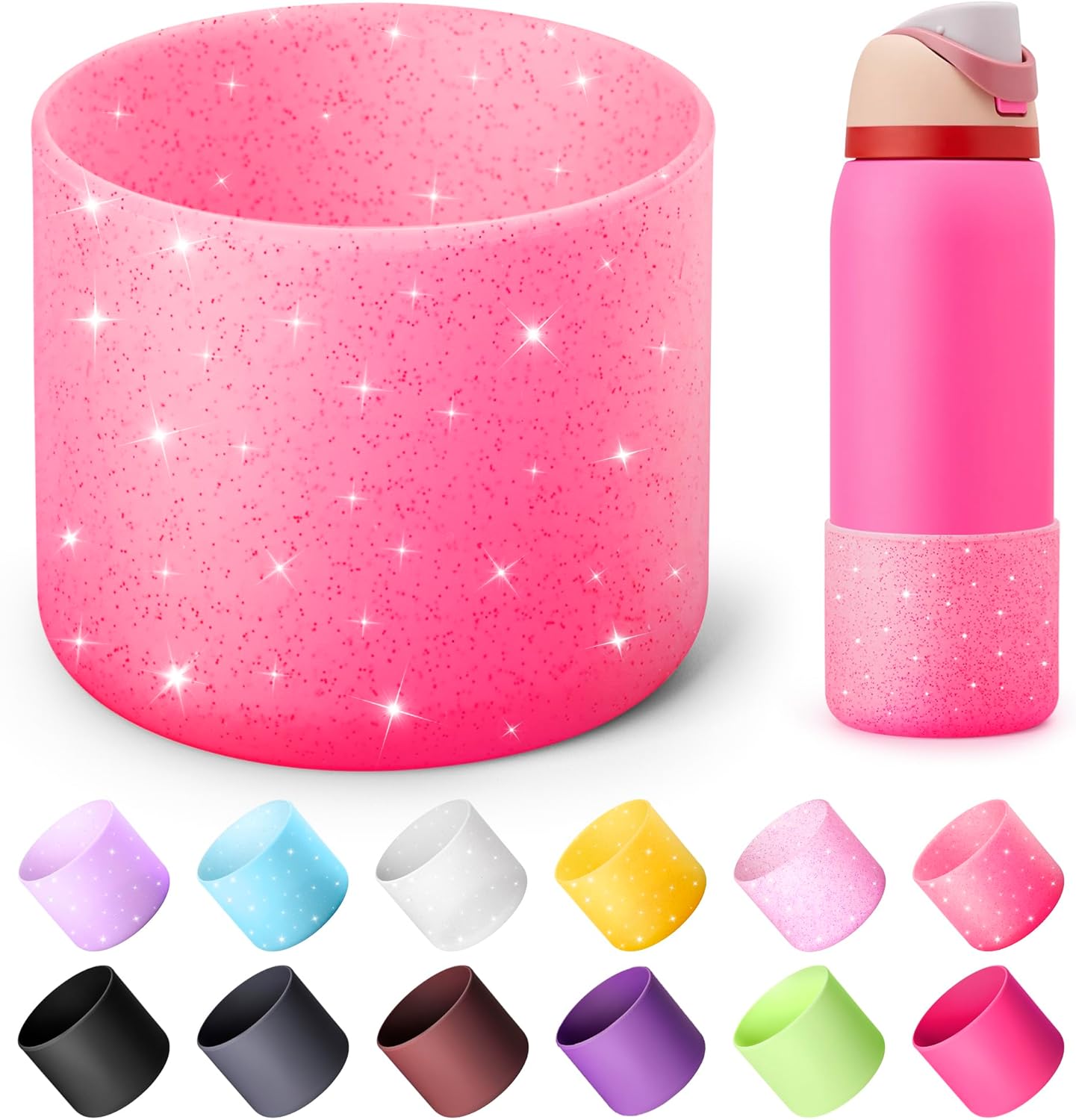 Silicone Water Bottle Boot for Owala 40 oz, Anti-Slip Protective Sleeve for Owala Twist & FreeSip & Flip Stainless Steel Water Bottle, Boot Bottom Base (Glitter Rose Red)