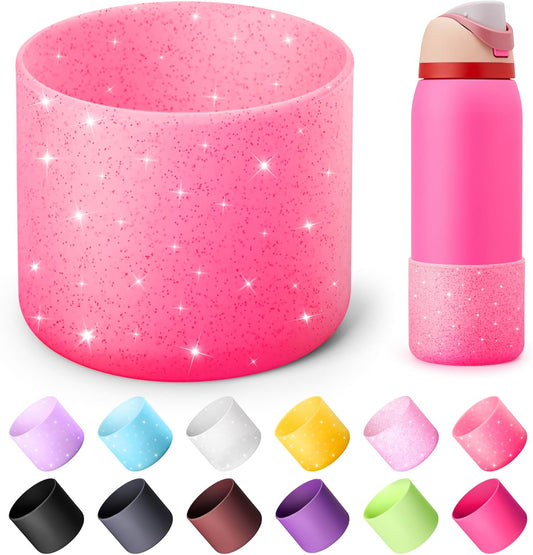 Silicone Water Bottle Boot for Owala 40 oz, Anti-Slip Protective Sleeve for Owala Twist & FreeSip & Flip Stainless Steel Water Bottle, Boot Bottom Base (Glitter Rose Red)