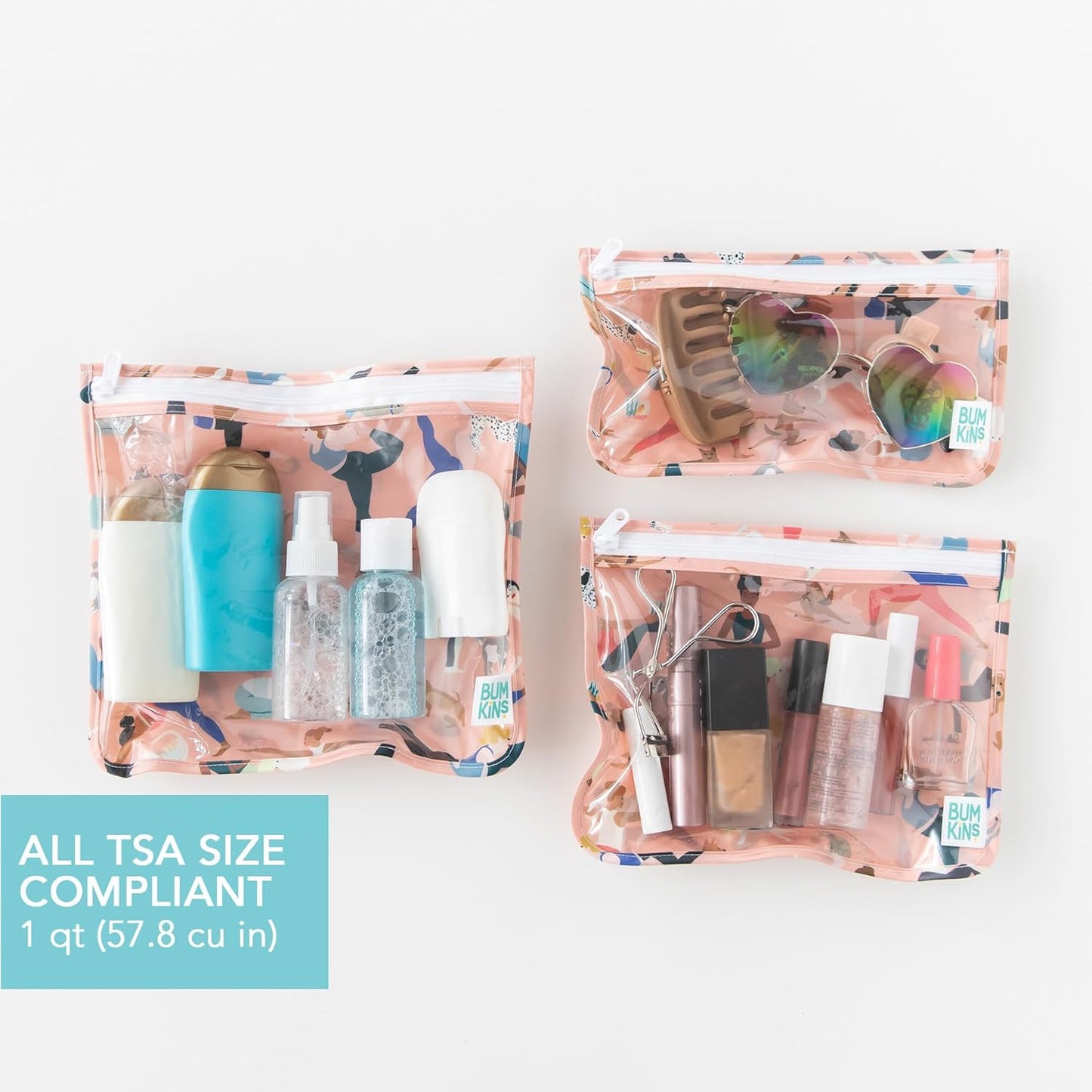 Bumkins Travel Bag, Toiletry, TSA Approved Pouch, Zip Bag, Quart Size Airline Compliant, Clear-Sided, Baby, Diaper Bag Organization, Makeup, Accessories, Carry On Packing, Set of 3 Sizes, Yoga Pals