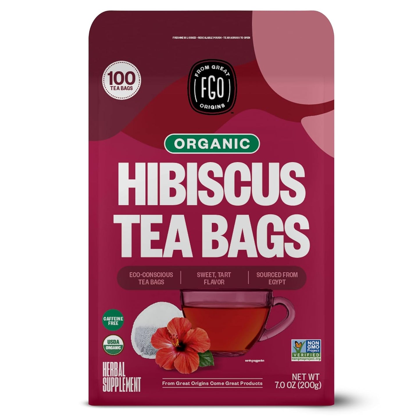FGO Organic Hibiscus Tea, 100 Count, Eco-Conscious Tea Bags, Caffeine Free, Packaging May Vary (Pack of 1)