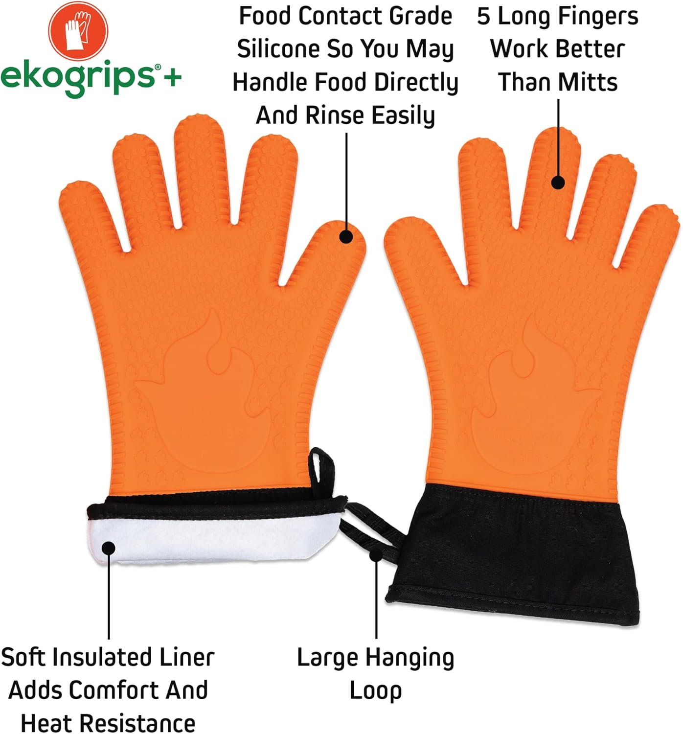 Ekogrips Plus Oven Gloves with Fingers, Comfy Waterproof Silicone Oven Mitts Heat Resistant with Long Cuff, Insulated BBQ Gloves Perfect for Grilling, Baking, Smoker, Canning, and Pizza, Orange, OSFM