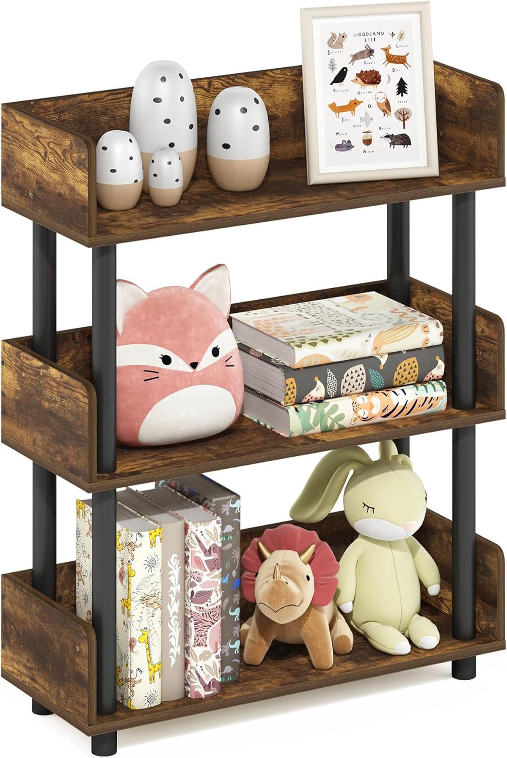 Furinno TURN-N-TUBE 3-Tier Display Shelf, Storage Shelves, Book Shelf, Open Shelves with Rounded Corner Top Edges, for Organization and Storage, Living Room, Home Office, Amber Pine