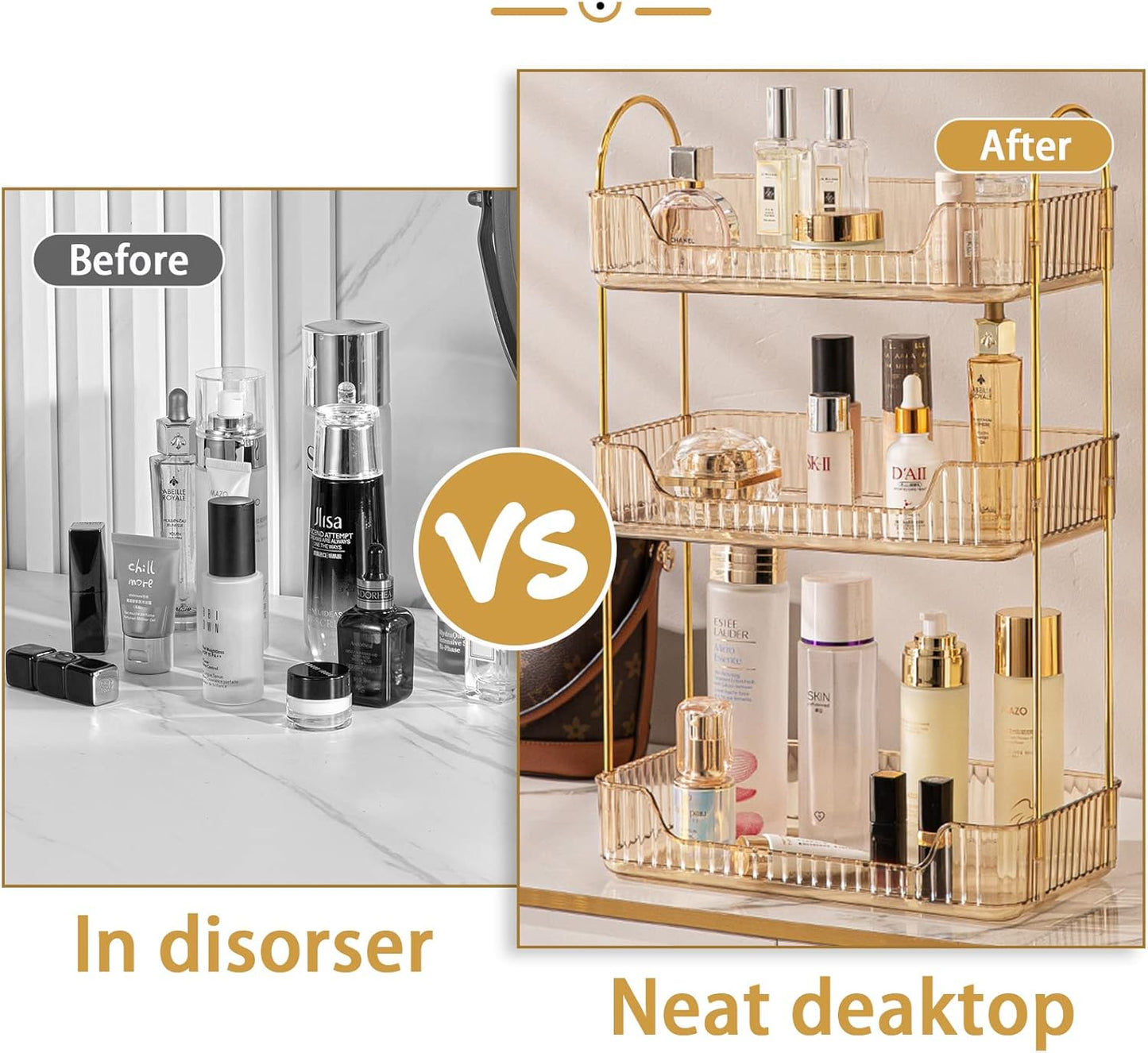 Bathroom Counter Organizer - Countertop Storage, Cosmetics & Skincare Shelf, Makeup Organizer, Perfume Tray, Spice Rack - 3 Tier Gold