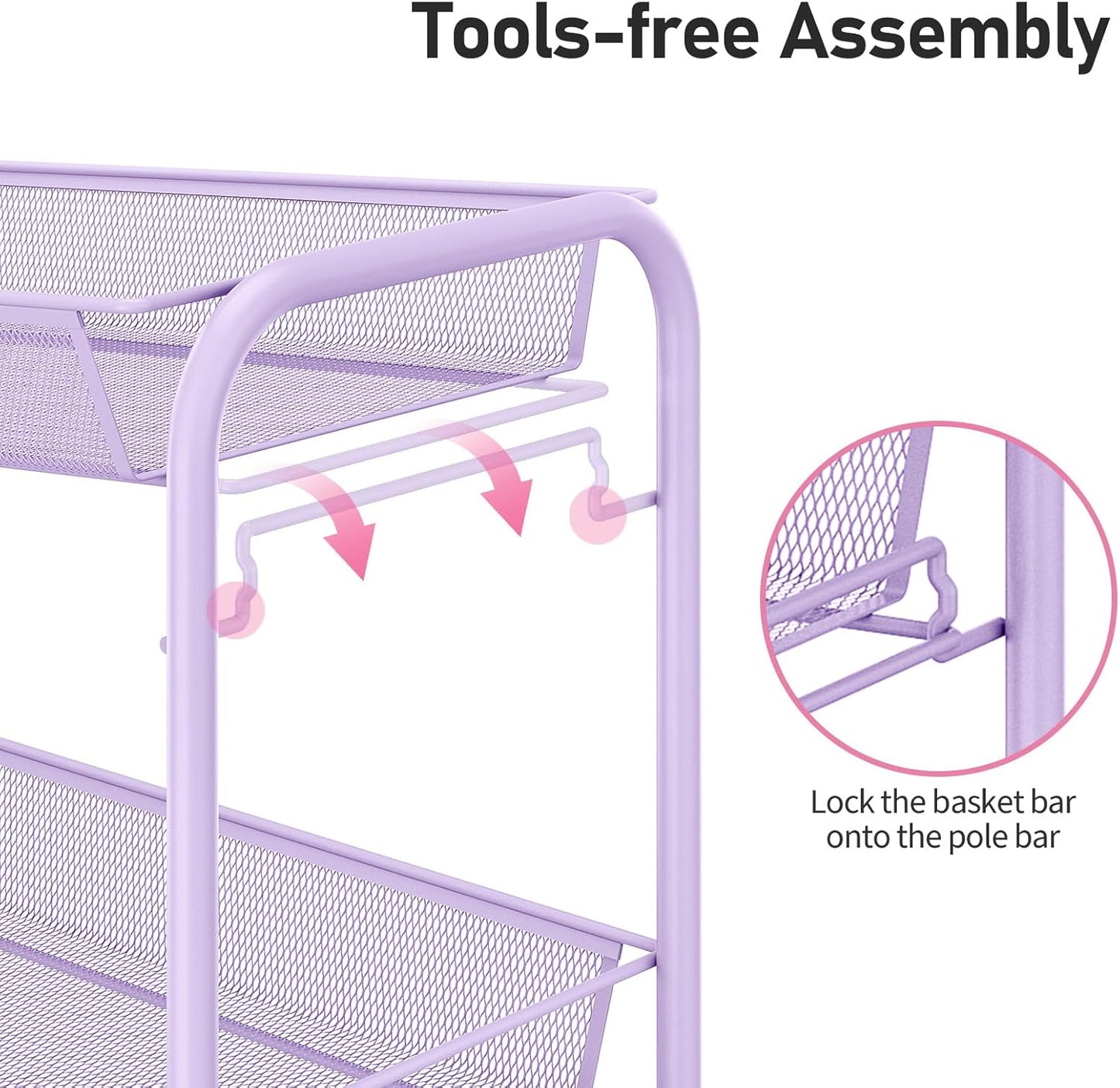 TOOLF 3-Tier Metal Rolling Cart, Mesh Wire Easy Assemble Utility Cart, Storage Trolley on Wheels with 3 Hooks, MetalStorage Shelving Units for Kitchen Bathroom Laundry Room