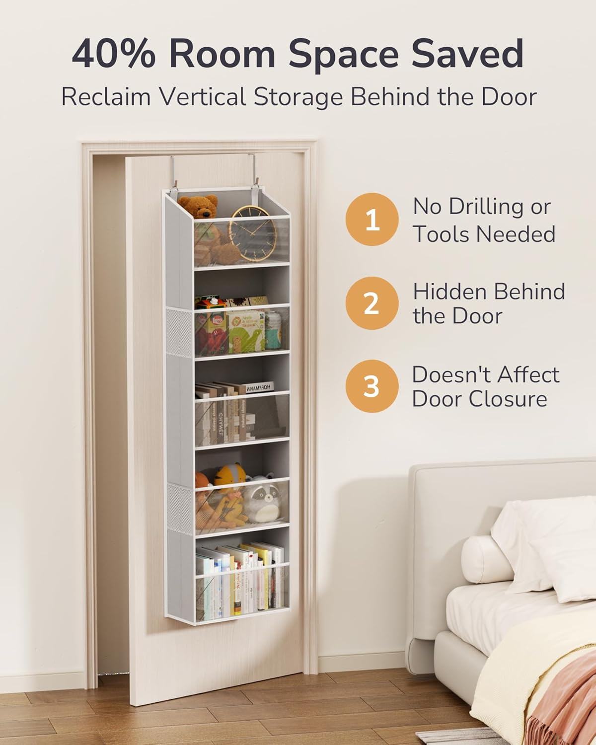 ULG Clear Over The Door Organizer 5-Tier Hanging Storage with 4 Side Pockets,Back of Door Organizer for Pantry, Bathroom, Nursery, Light Grey