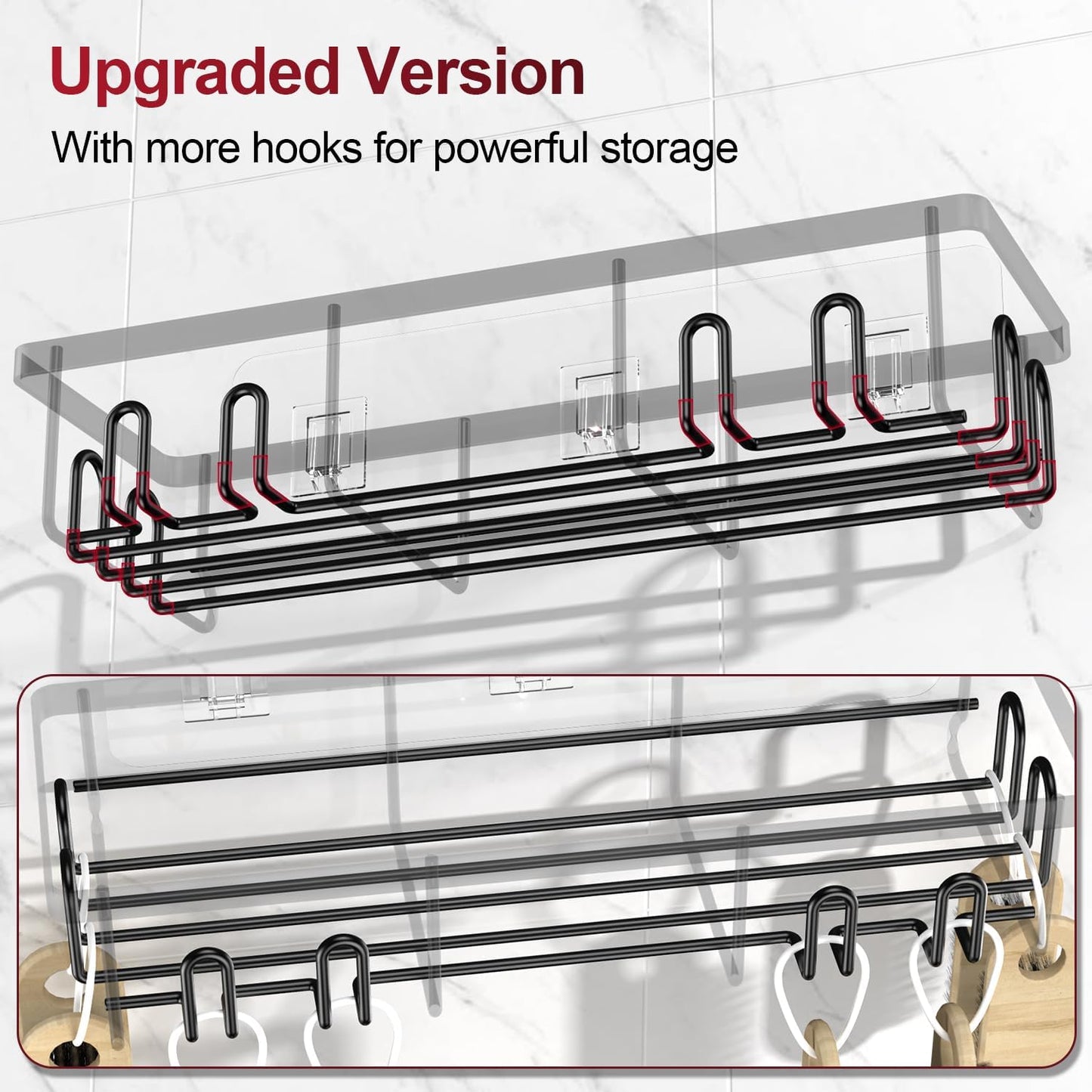 Adhesive Shower Caddy, Shower Shelves with 16 Hooks, Rustproof Shelf Wall Corner Racks for Inside Bath, No Drilling & Sleek Bathroom Organizers and Storage Caddies Soap Holder, 2 Pack